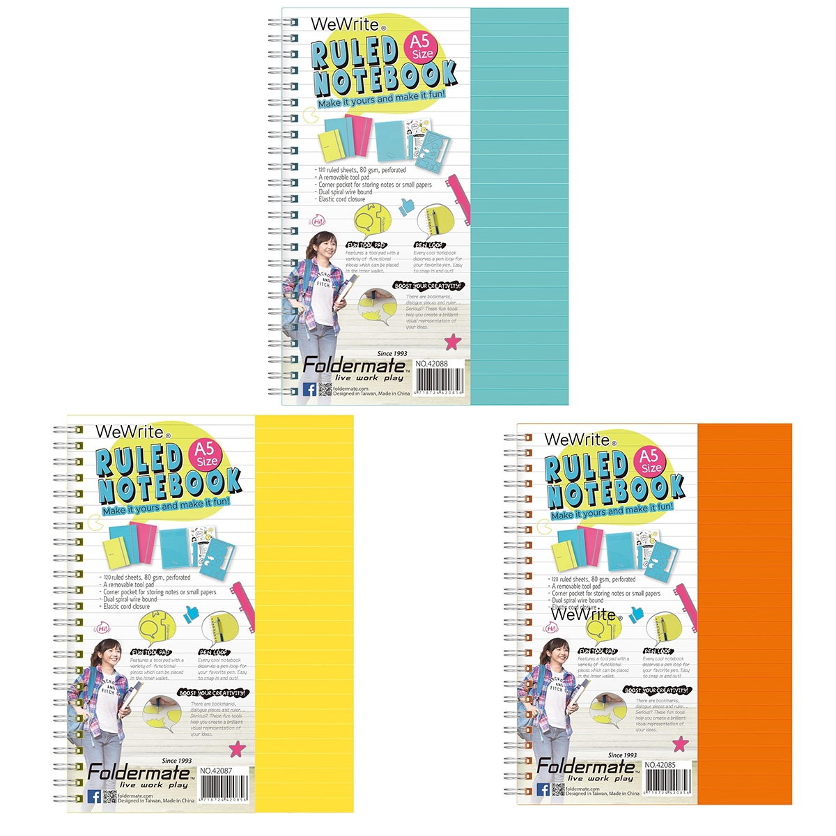 فوردورمايت دفتر بسلك حلزوني بحجم A5، 120 ورقة، وزن 80 غرام، تصميم وي رايت، لون باستيل، لثلاث مواد، ألوان متنوعة، مجموعة من 12