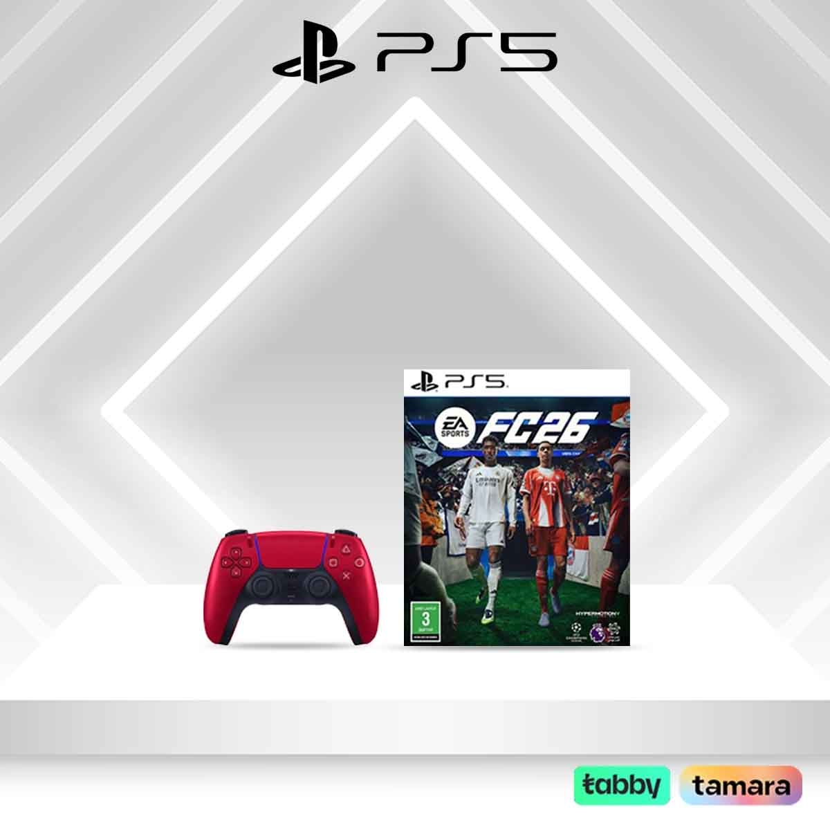 سوني وحدة تحكم لاسلكية دوال سينس باللون الأحمر لبلايستيشن 5 مع مجموعة لعبة فيديو FC26