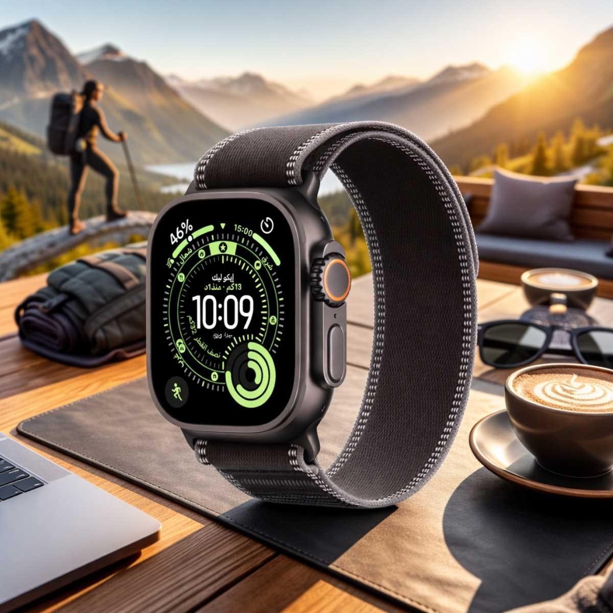 أبل واتش الترا 3 ساعة ذكية (نظام تحديد المواقع + اتصال خلوي) مقاس 49 مم بهيكل تيتانيوم أسود مع سوار تريل أسود / فحمي - S/M