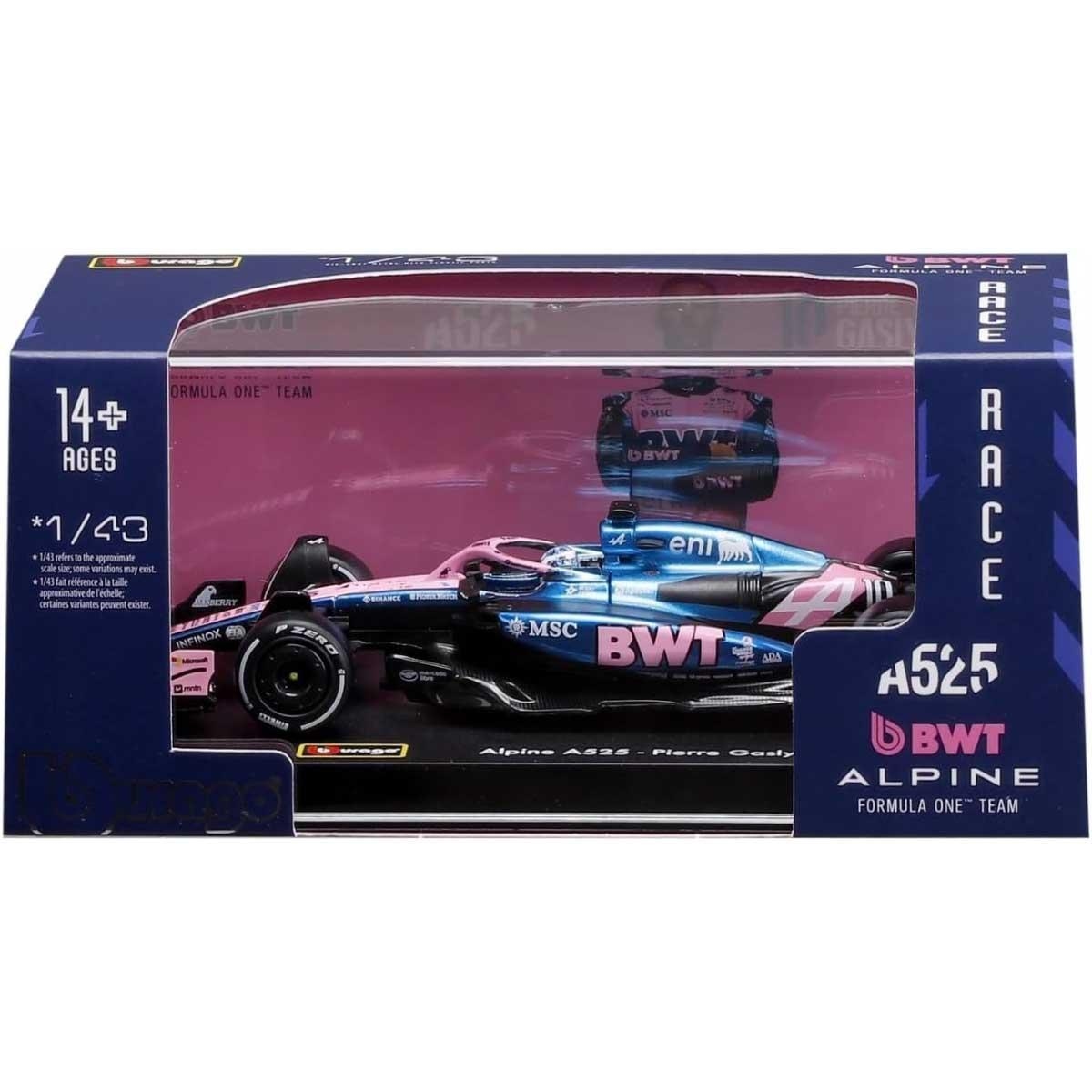 بوراغو سيارة ألبين A525 موديل معدن مصبوب بمقياس 1:43 مع خوذة للأولاد، 13+ سنوات