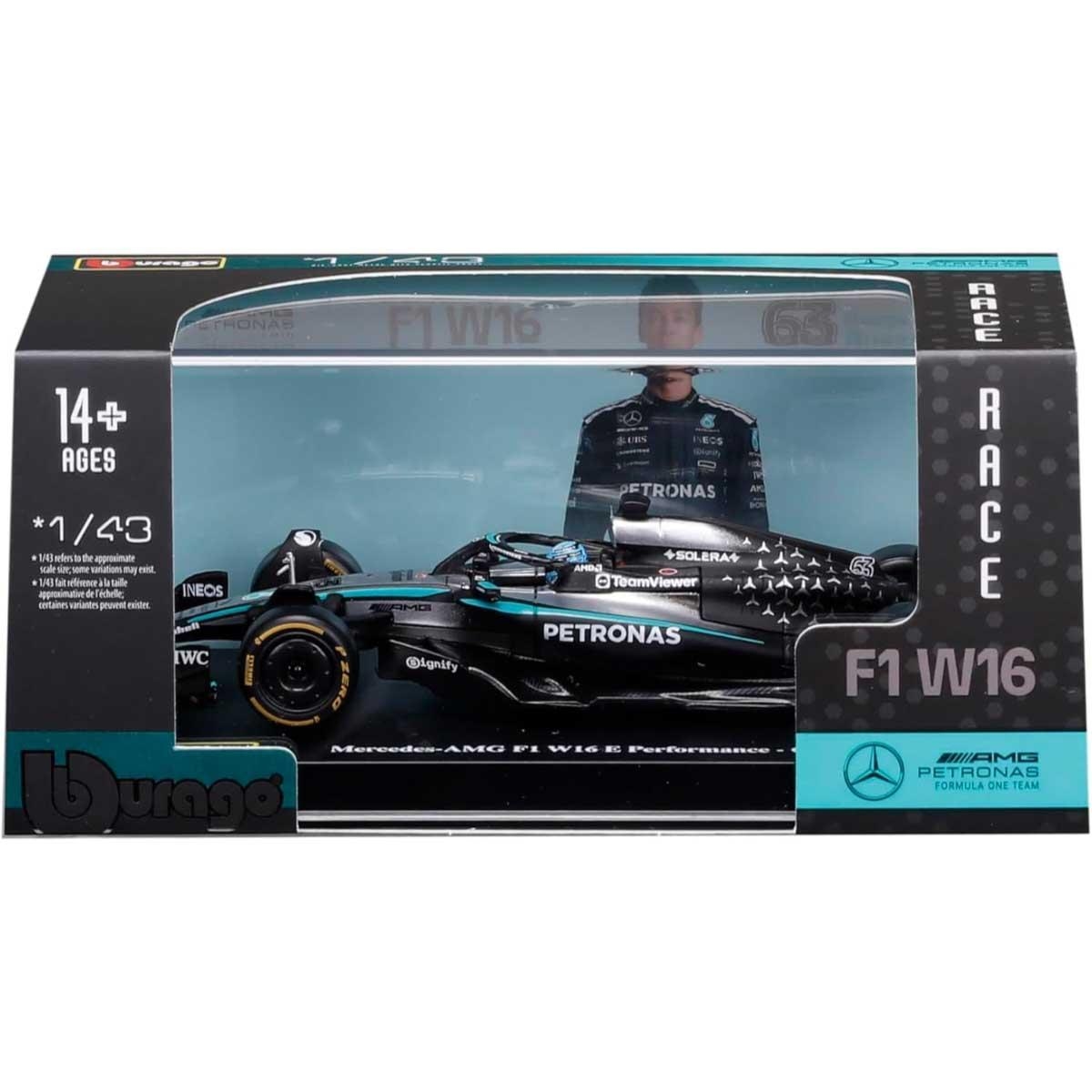بوراغو سيارة مرسيدس-AMG بتروناس F1 W16 Team موديل معدن مصبوب بمقياس 1:43 مع خوذة للأولاد، 13+ سنوات