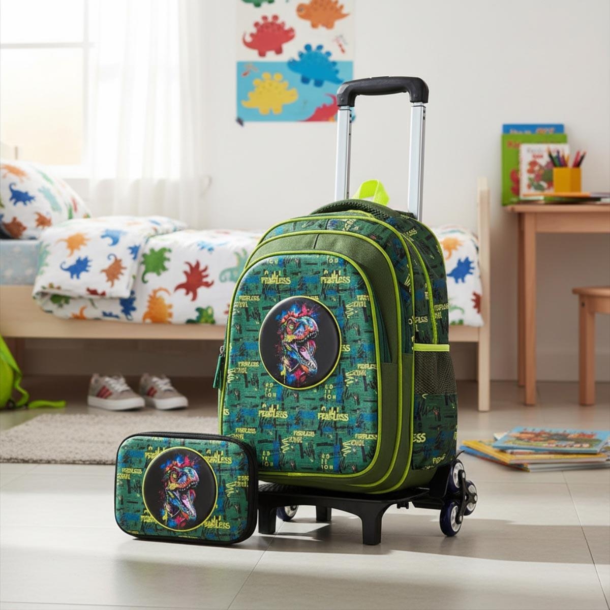 حقيبة مدرسية إيزي كيدز مقاس 16 بوصة باللون الأخضر الديناصوري مع عربة وحافظة أقلام رصاص