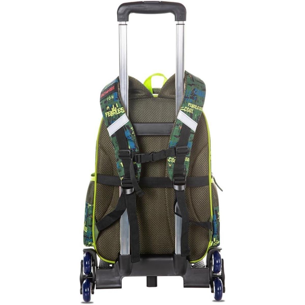 حقيبة مدرسية إيزي كيدز مقاس 16 بوصة باللون الأخضر الديناصوري مع عربة وحافظة أقلام رصاص