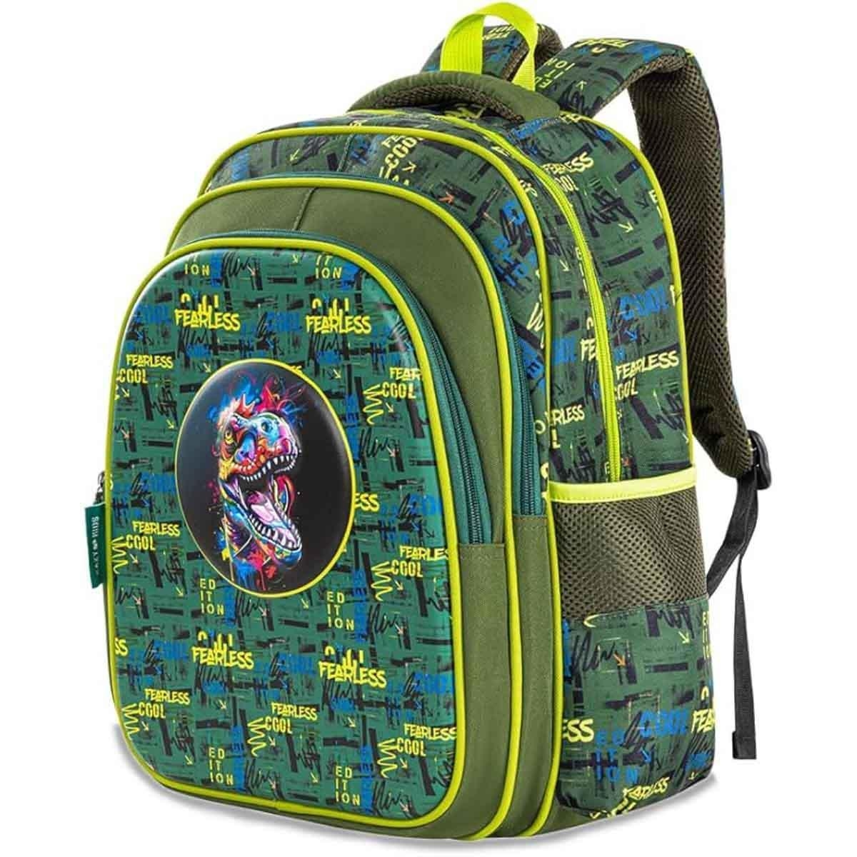 حقيبة مدرسية إيزي كيدز مقاس 16 بوصة باللون الأخضر الديناصوري مع عربة وحافظة أقلام رصاص
