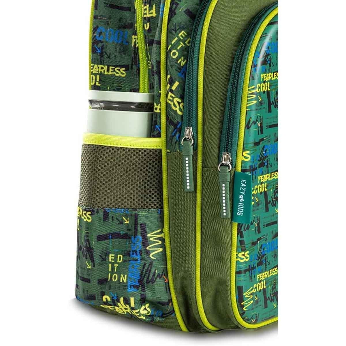 حقيبة مدرسية إيزي كيدز مقاس 16 بوصة باللون الأخضر الديناصوري مع عربة وحافظة أقلام رصاص