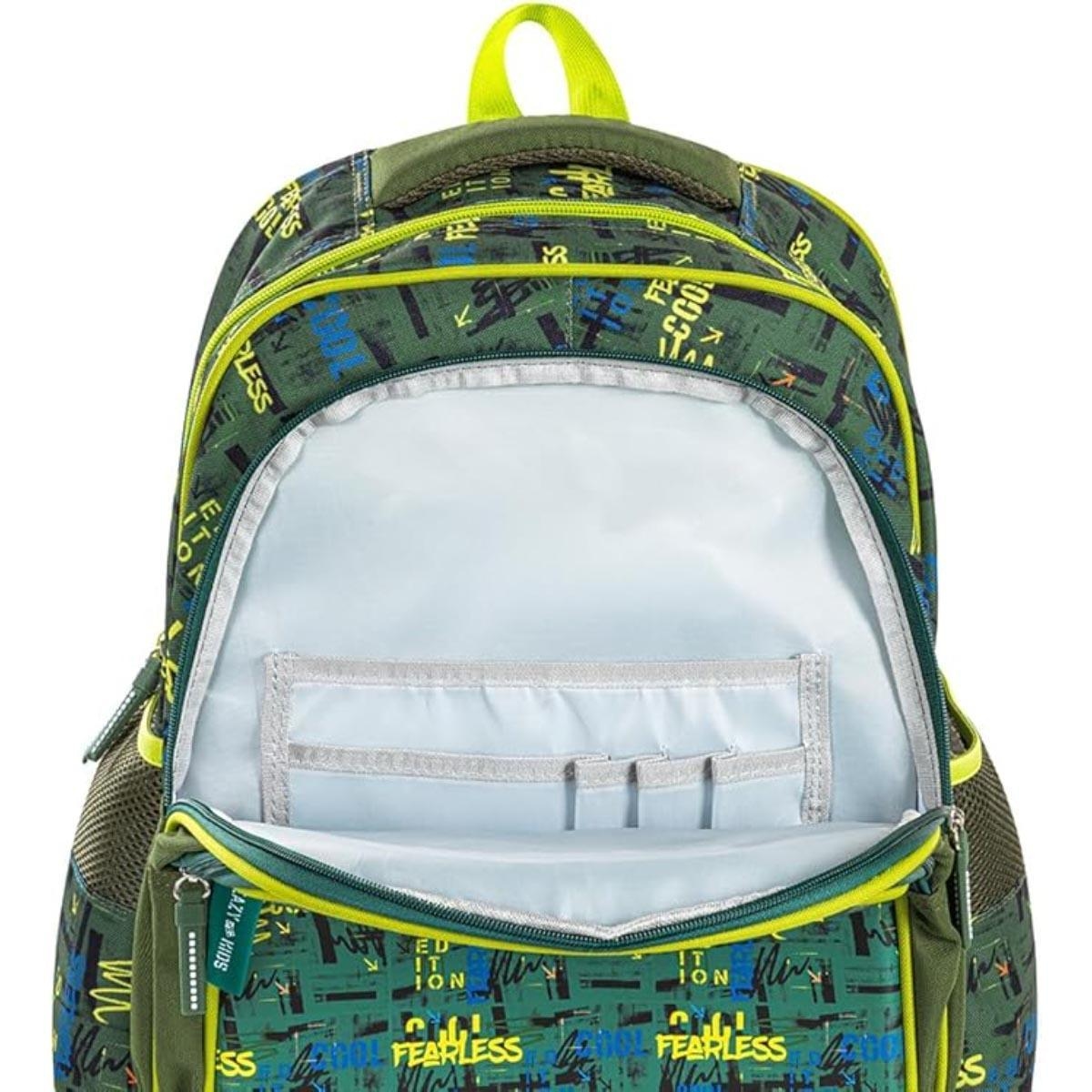 حقيبة مدرسية إيزي كيدز مقاس 16 بوصة باللون الأخضر الديناصوري مع عربة وحافظة أقلام رصاص