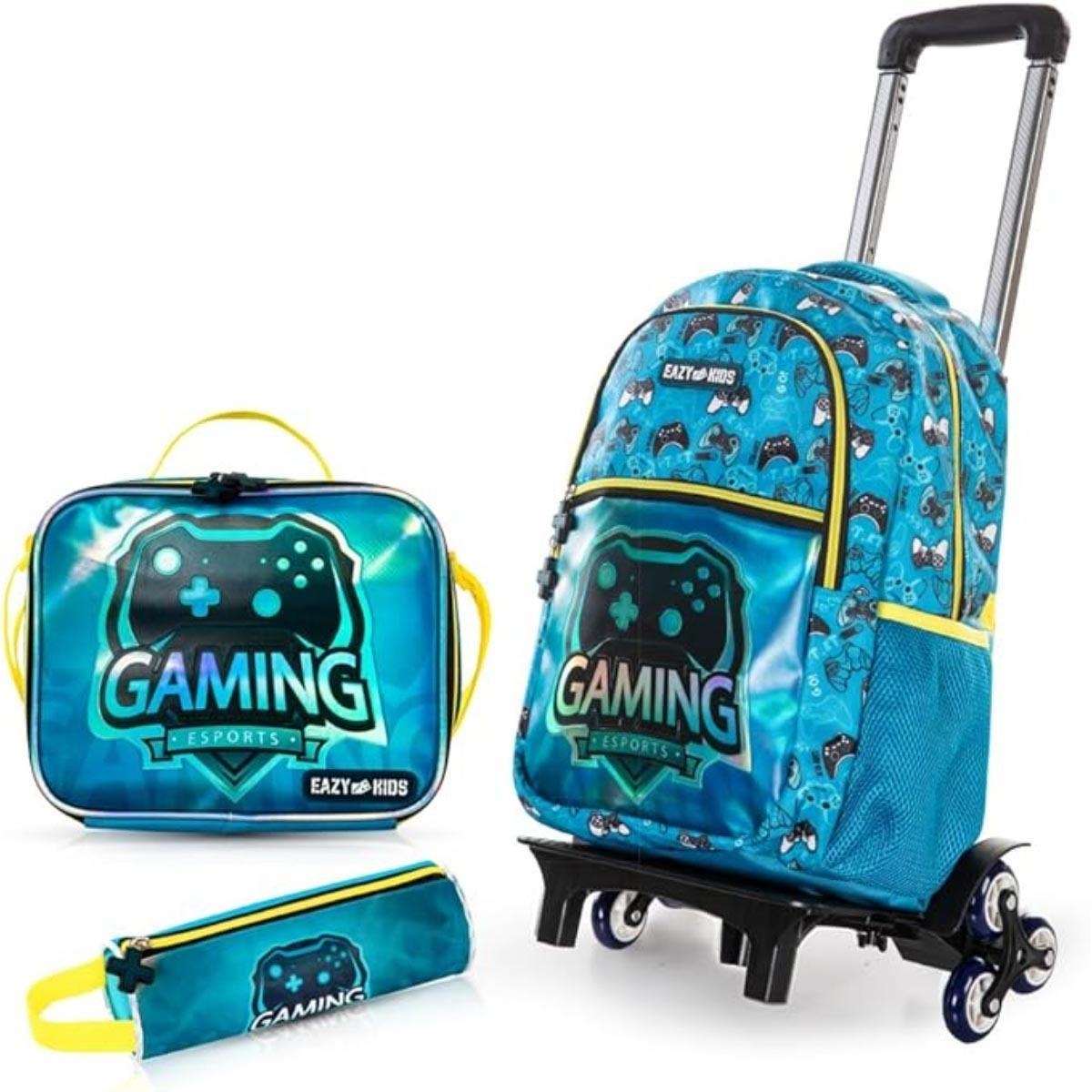 حقيبة ظهر ألعاب للأطفال من إيزي كيدز مقاس 16 بوصة مع عربة، وحقيبة غداء، ومجموعة مقلمة