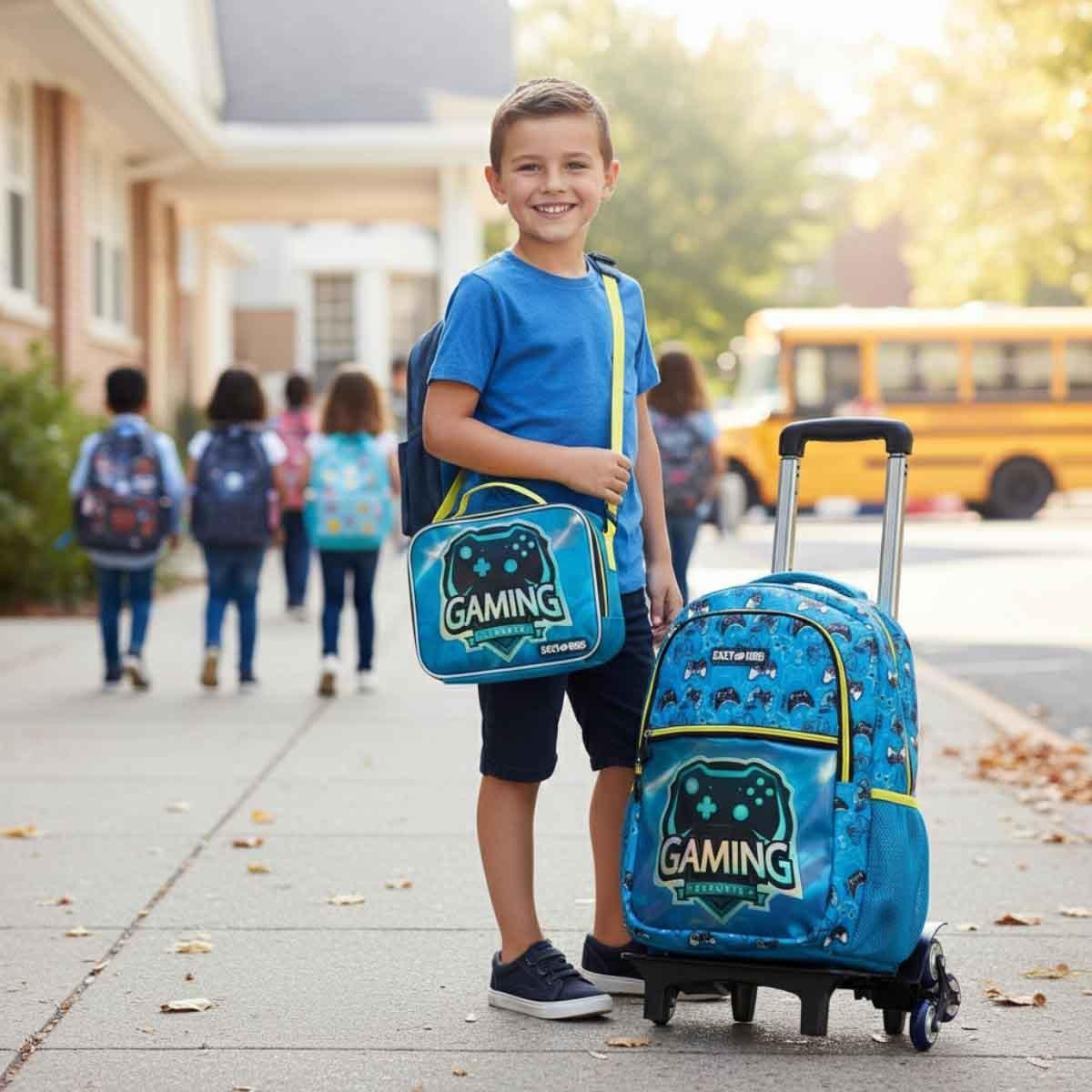حقيبة ظهر ألعاب للأطفال من إيزي كيدز مقاس 16 بوصة مع عربة، وحقيبة غداء، ومجموعة مقلمة