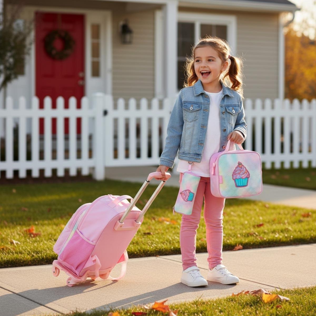 مجموعة حقيبة ظهر إيزي كيدز مقاس 17 بوصة باللون الوردي الفاتح مع عربة بأربع عجلات، وحقيبة غداء، ومقلمة