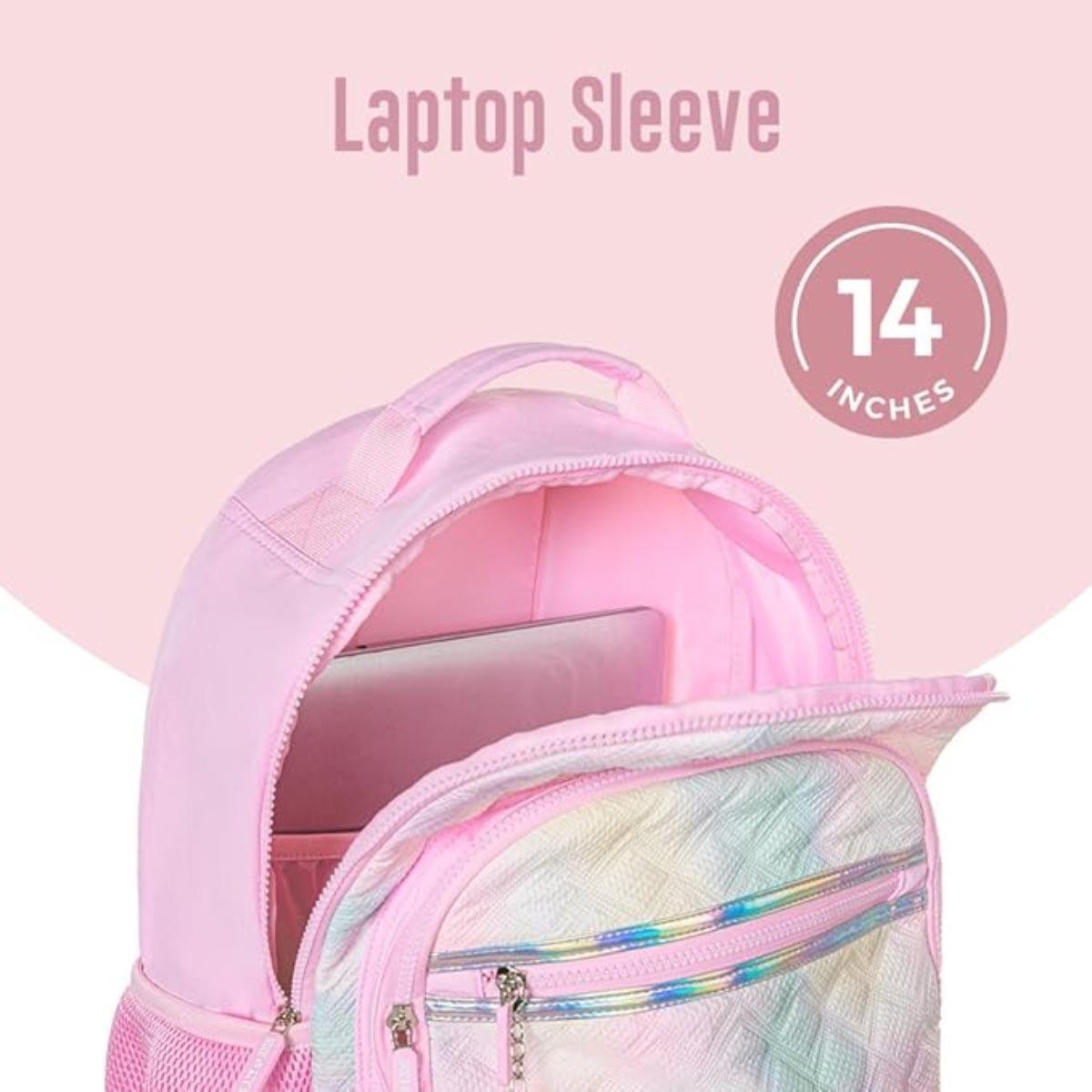 مجموعة حقيبة ظهر إيزي كيدز مقاس 17 بوصة باللون الوردي الفاتح مع عربة بأربع عجلات، وحقيبة غداء، ومقلمة