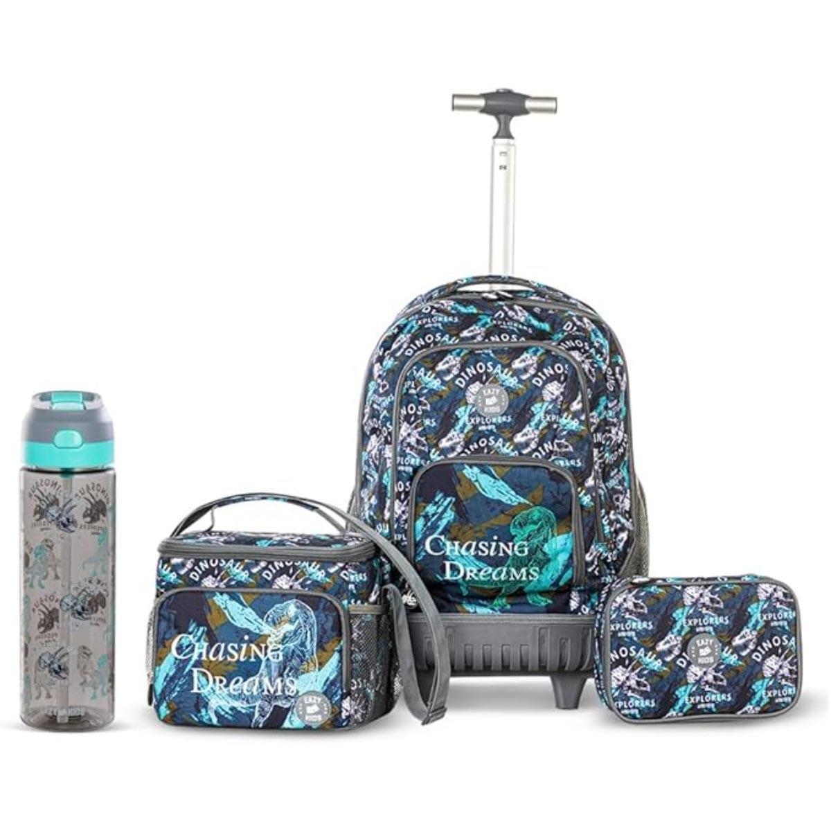 مجموعة حقيبة ظهر بعجلات على شكل ديناصور تي-ريكس من إيزي كيدز مقاس 18 بوصة مع زجاجة ماء وحقيبة غداء ومقلمة