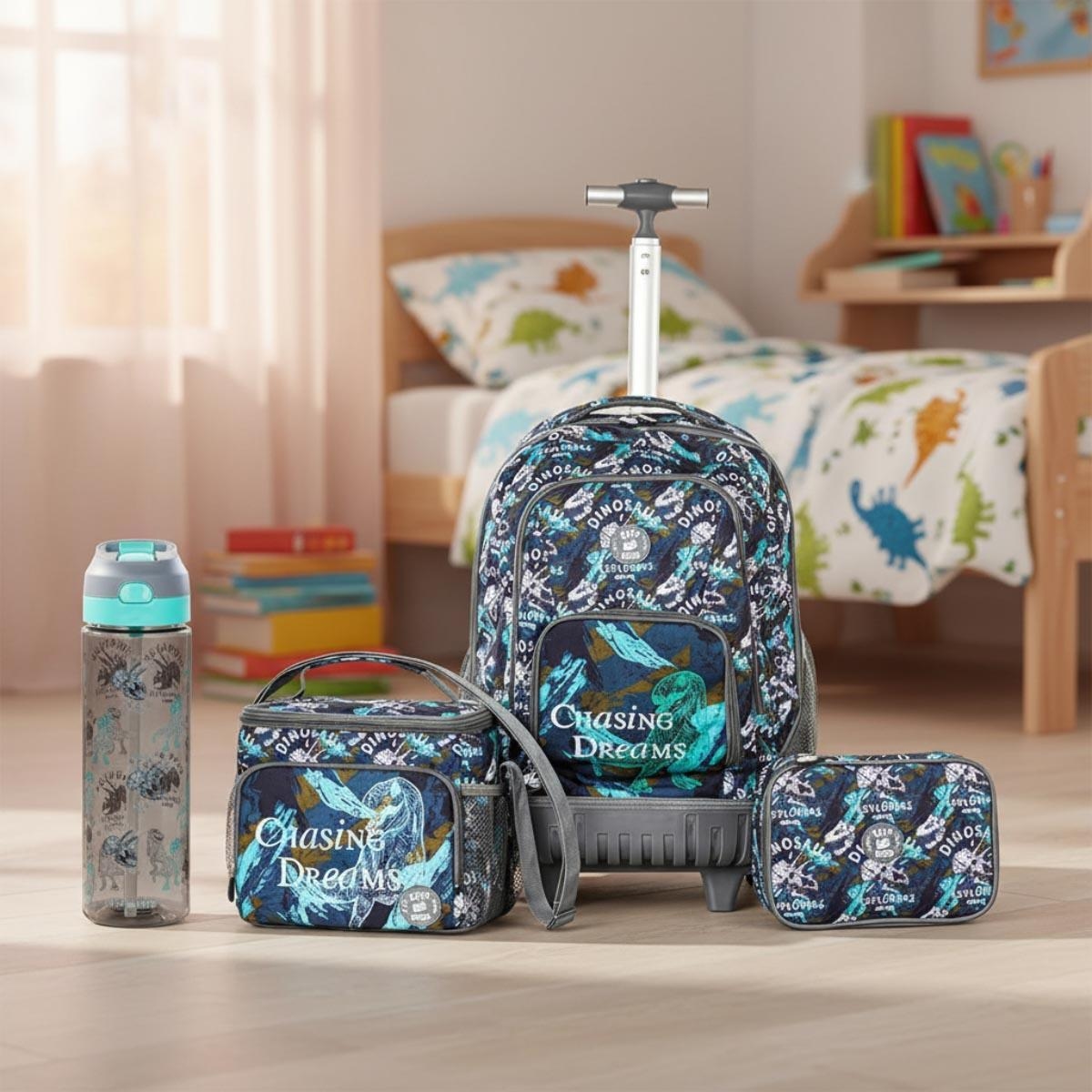 مجموعة حقيبة ظهر بعجلات على شكل ديناصور تي-ريكس من إيزي كيدز مقاس 18 بوصة مع زجاجة ماء وحقيبة غداء ومقلمة