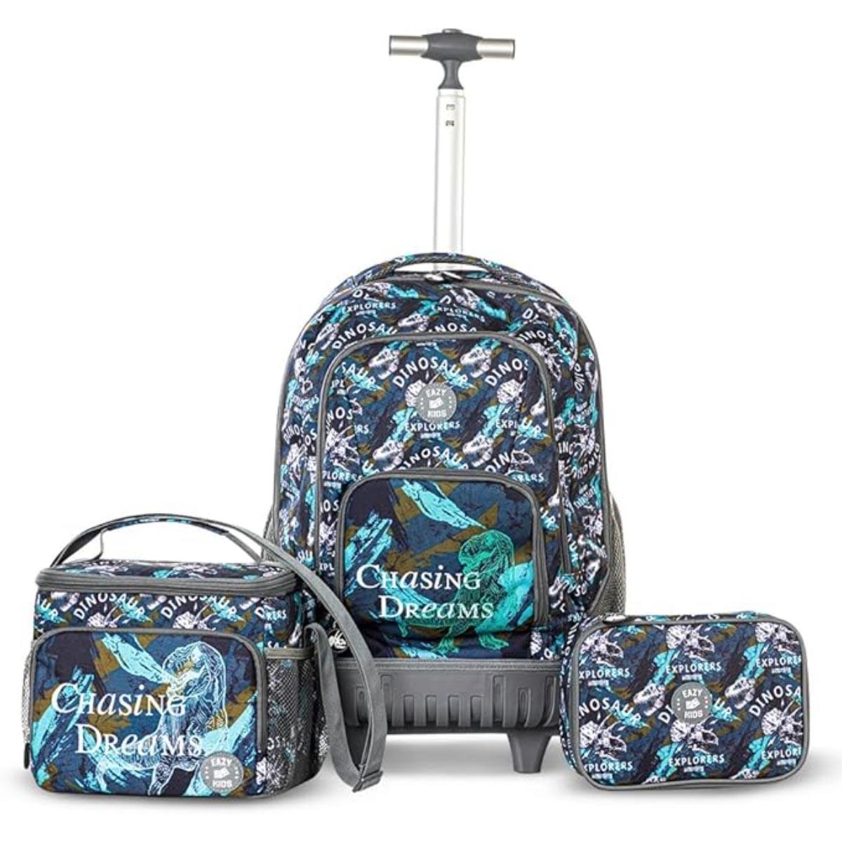 مجموعة حقيبة ظهر بعجلات على شكل ديناصور تي-ريكس من إيزي كيدز مقاس 18 بوصة مع زجاجة ماء وحقيبة غداء ومقلمة