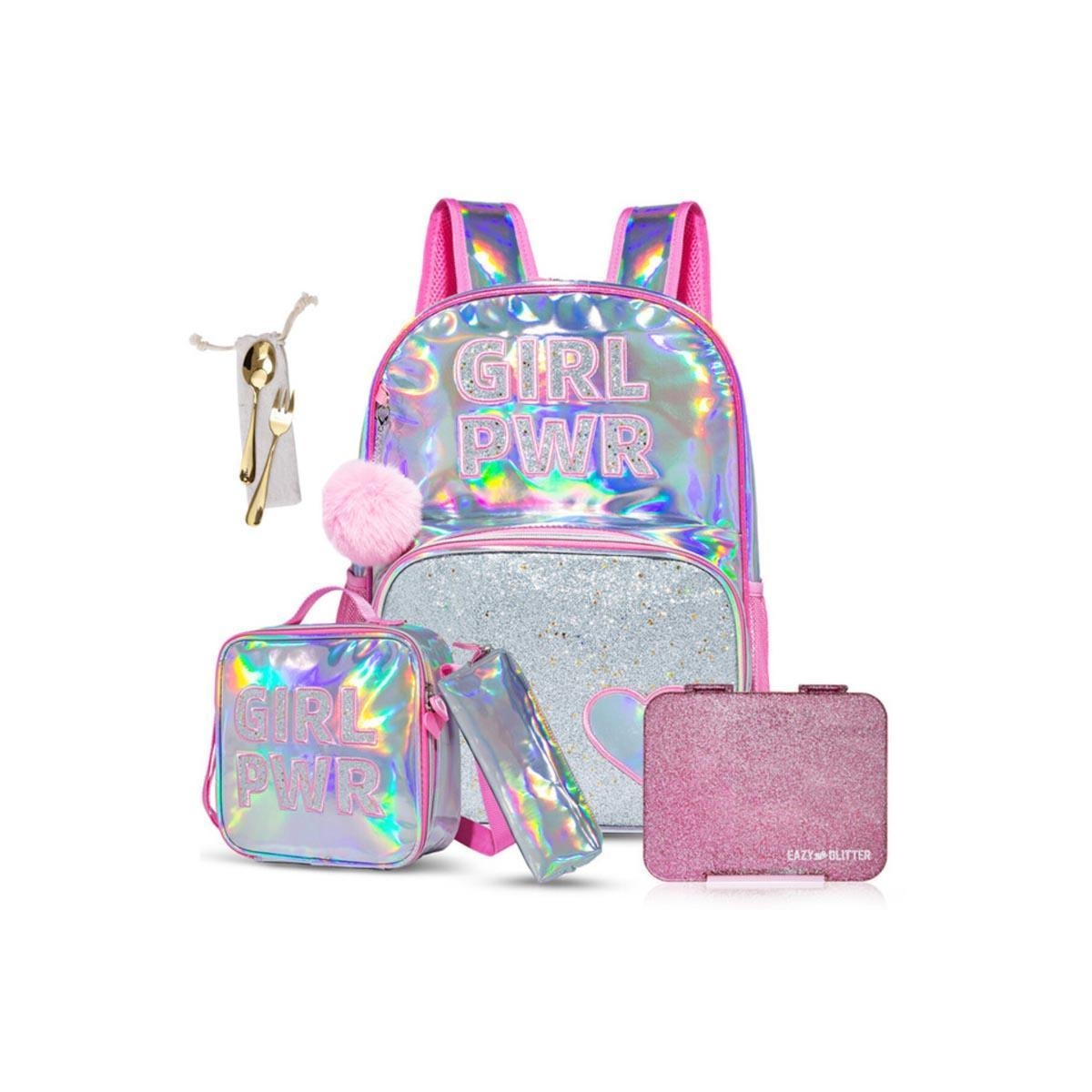 مجموعة حقائب مدرسية من إيزي كيدز مكونة من 4 قطع، لون وردي لامع، بتصميم "قوة الفتاة".