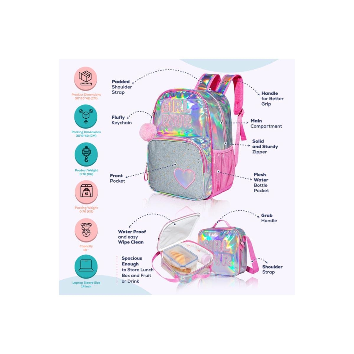 مجموعة حقائب مدرسية من إيزي كيدز مكونة من 4 قطع، لون وردي لامع، بتصميم "قوة الفتاة".