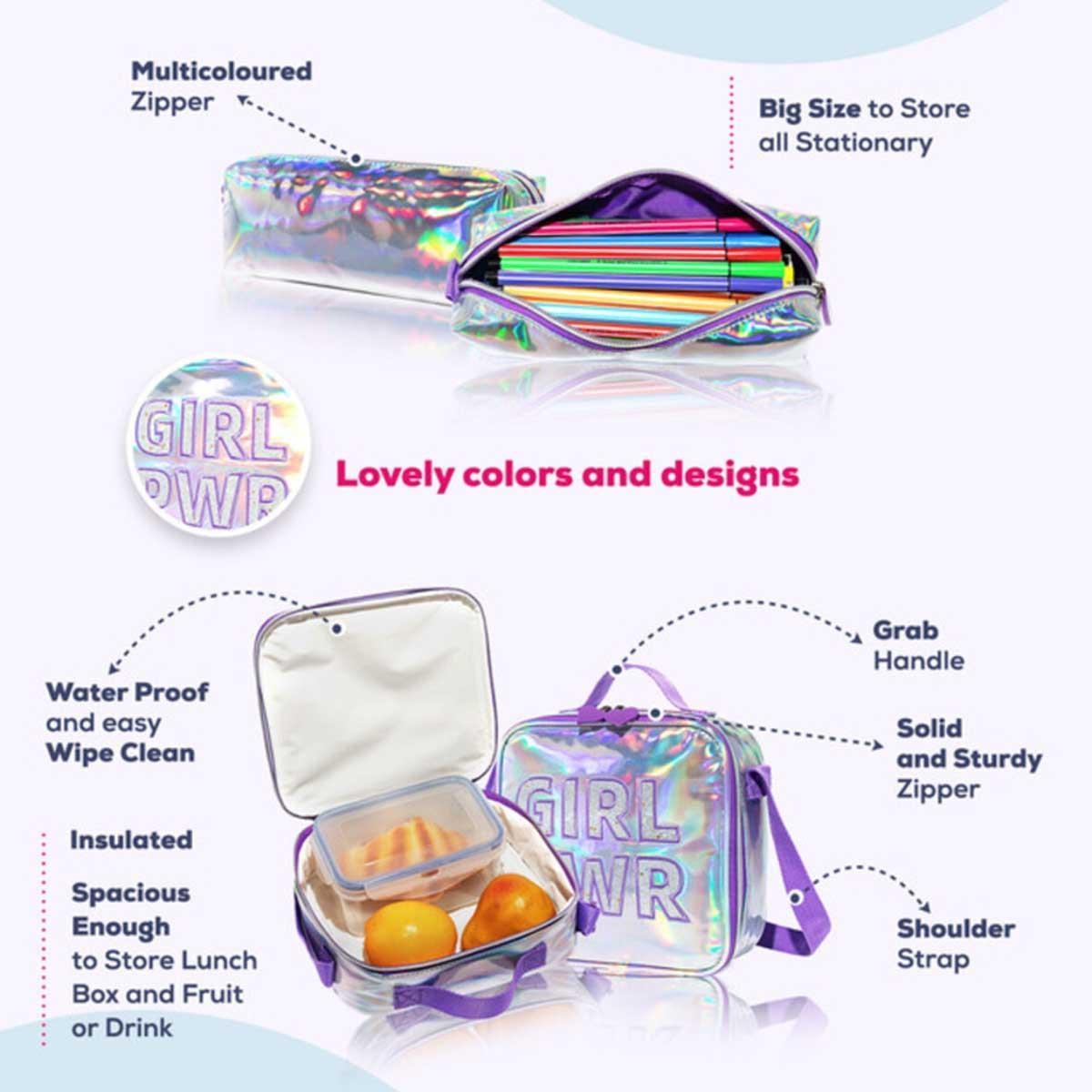 مجموعة حقائب مدرسية من إيزي كيدز مكونة من 4 قطع، بتصميم لامع باللون البنفسجي، تحمل شعار "قوة الفتاة".
