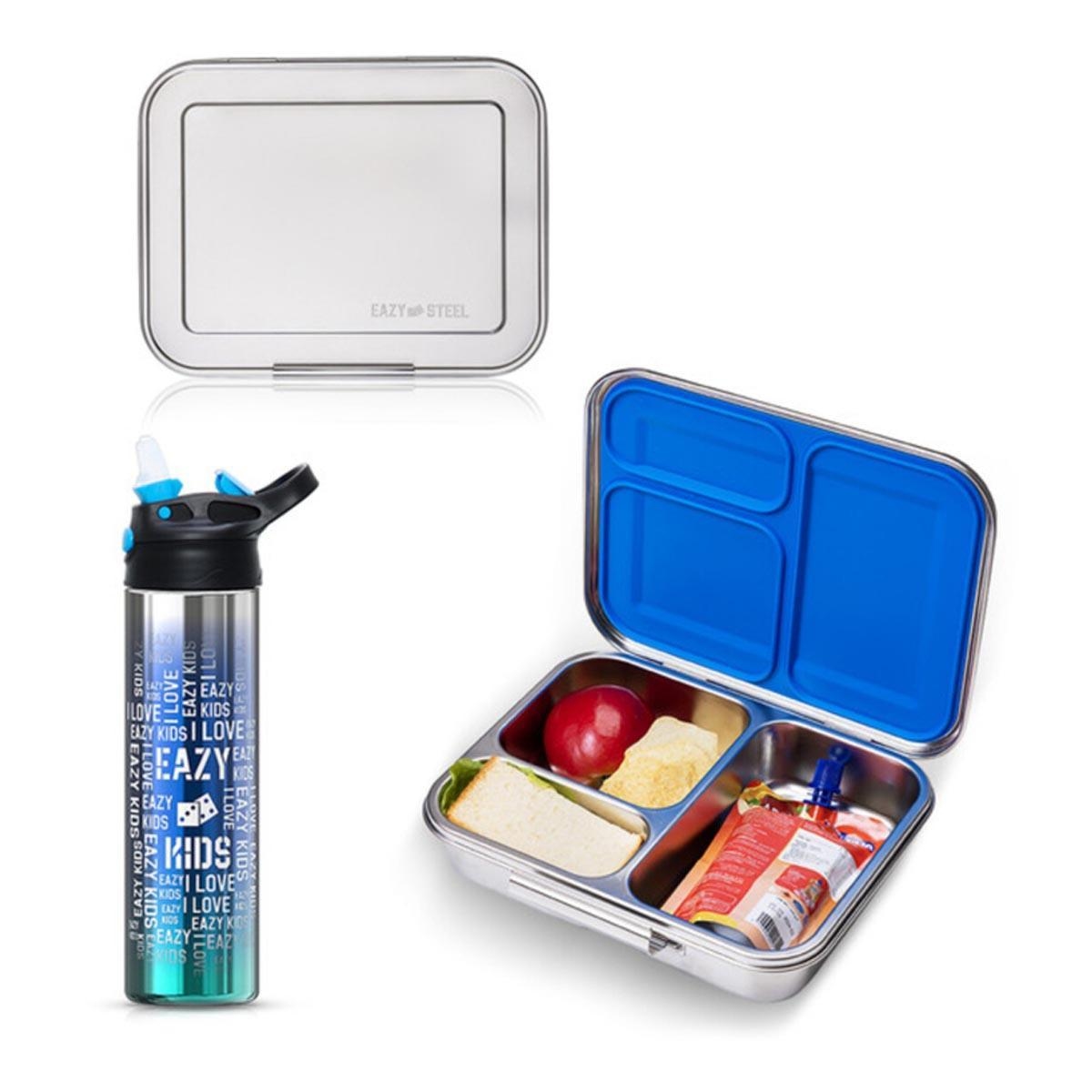 علبة طعام إيزي كيدز الزرقاء المصنوعة من الفولاذ المقاوم للصدأ مع زجاجة مياه للشرب مصنوعة من الفولاذ المقاوم للصدأ