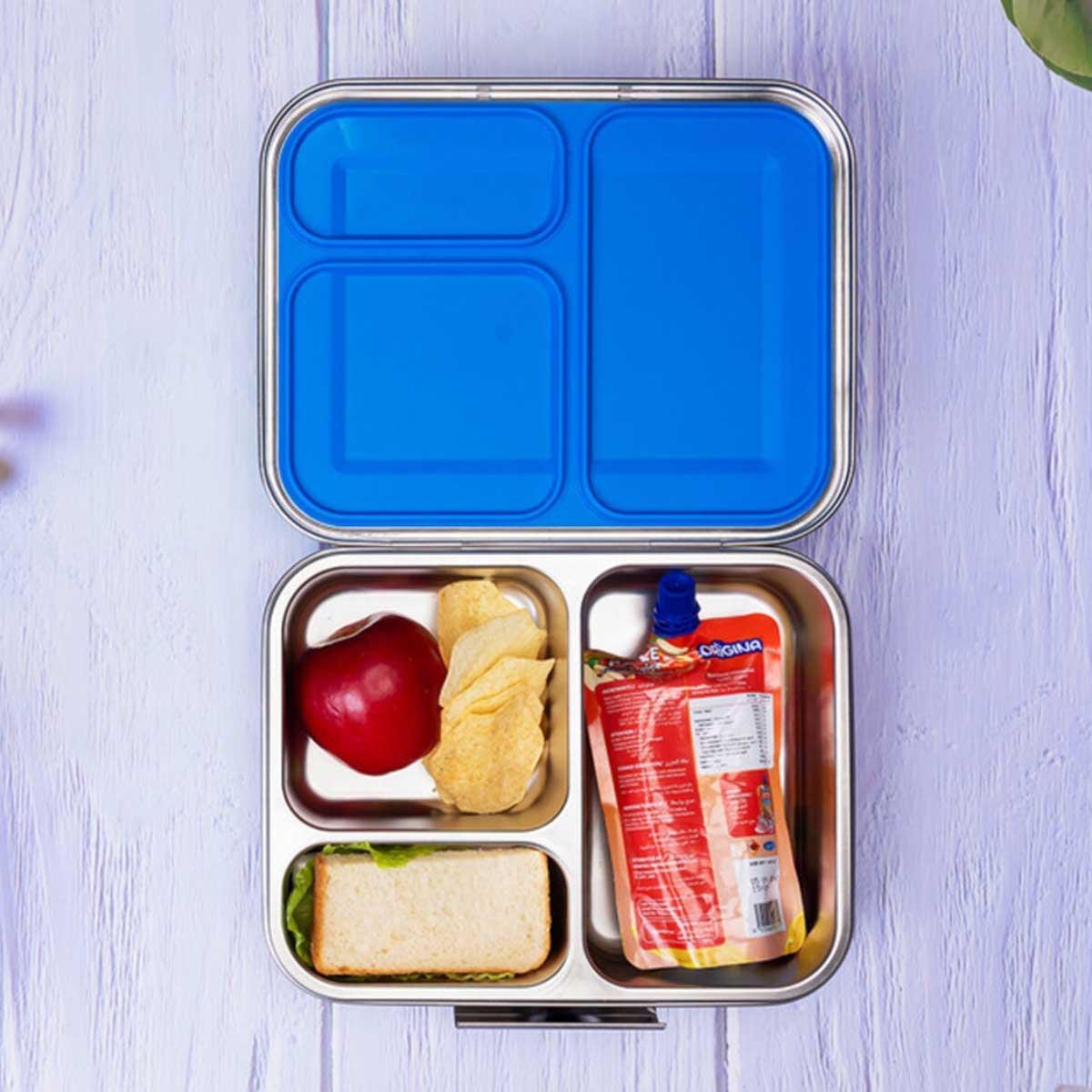 علبة طعام إيزي كيدز الزرقاء المصنوعة من الفولاذ المقاوم للصدأ مع زجاجة مياه للشرب مصنوعة من الفولاذ المقاوم للصدأ