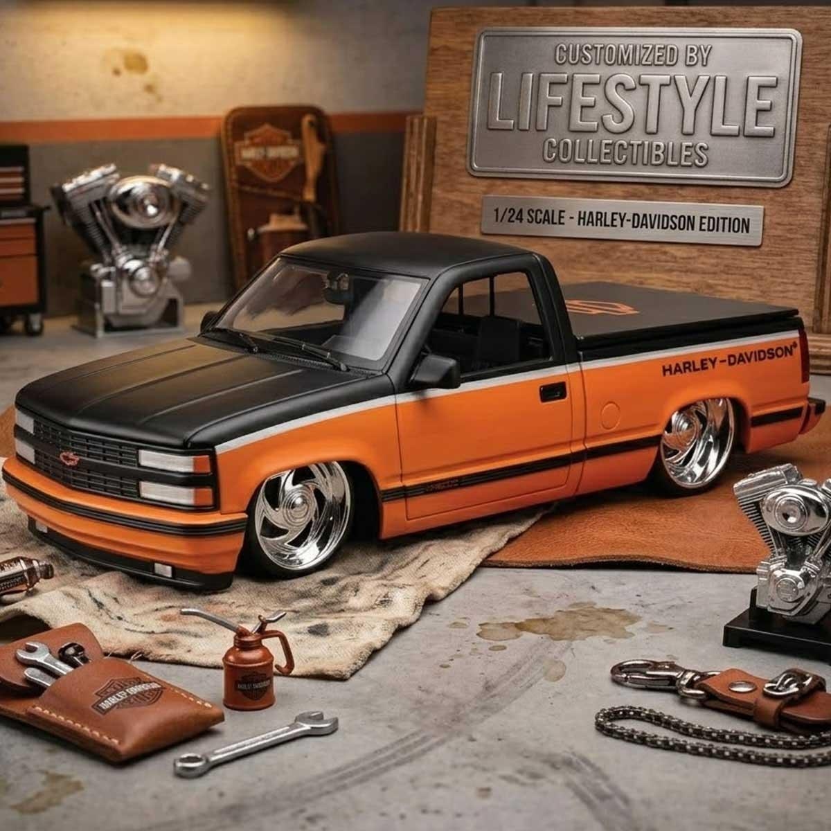 مايستو سيارة بيك أب شيفي 1993 مخصصة من هارلي-ديفيدسون معدن مصبوب بمقياس 1:24 للجنسين، 8-10 سنوات