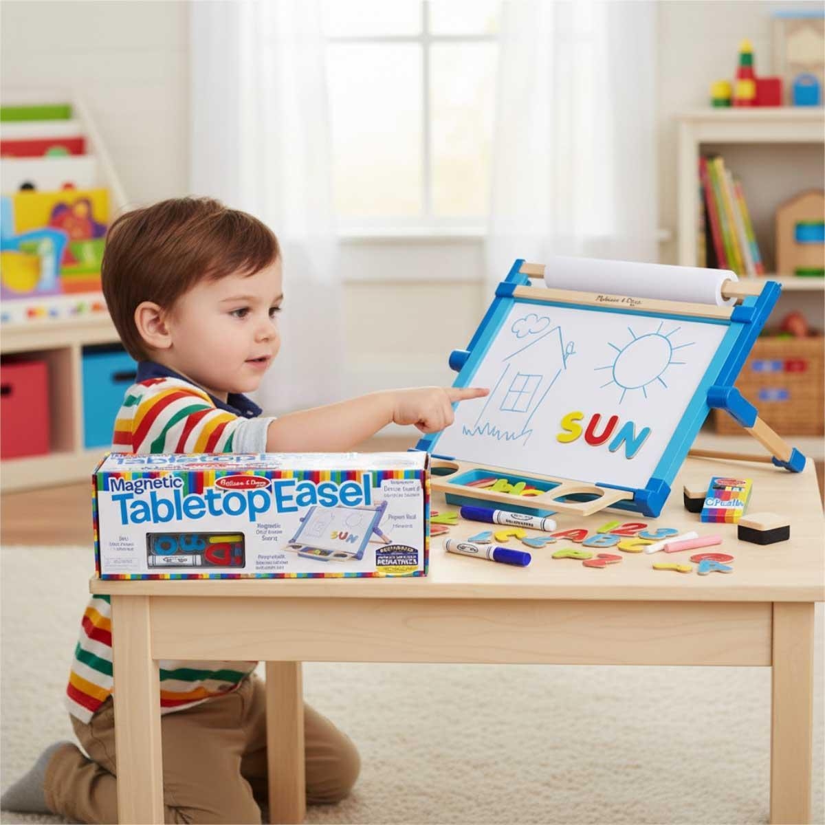 ميليسا آند دوغ حامل رسم فني مغناطيسي مزدوج الجوانب للطاولة مع سبورة قابلة للمسح الجاف للجنسين، 3-4 سنوات