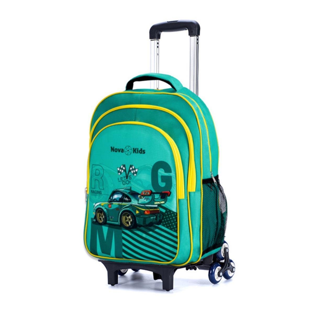 حقيبة مدرسية للأطفال من نوفا مقاس 16 بوصة بتصميم سباق سيارات مع عربة