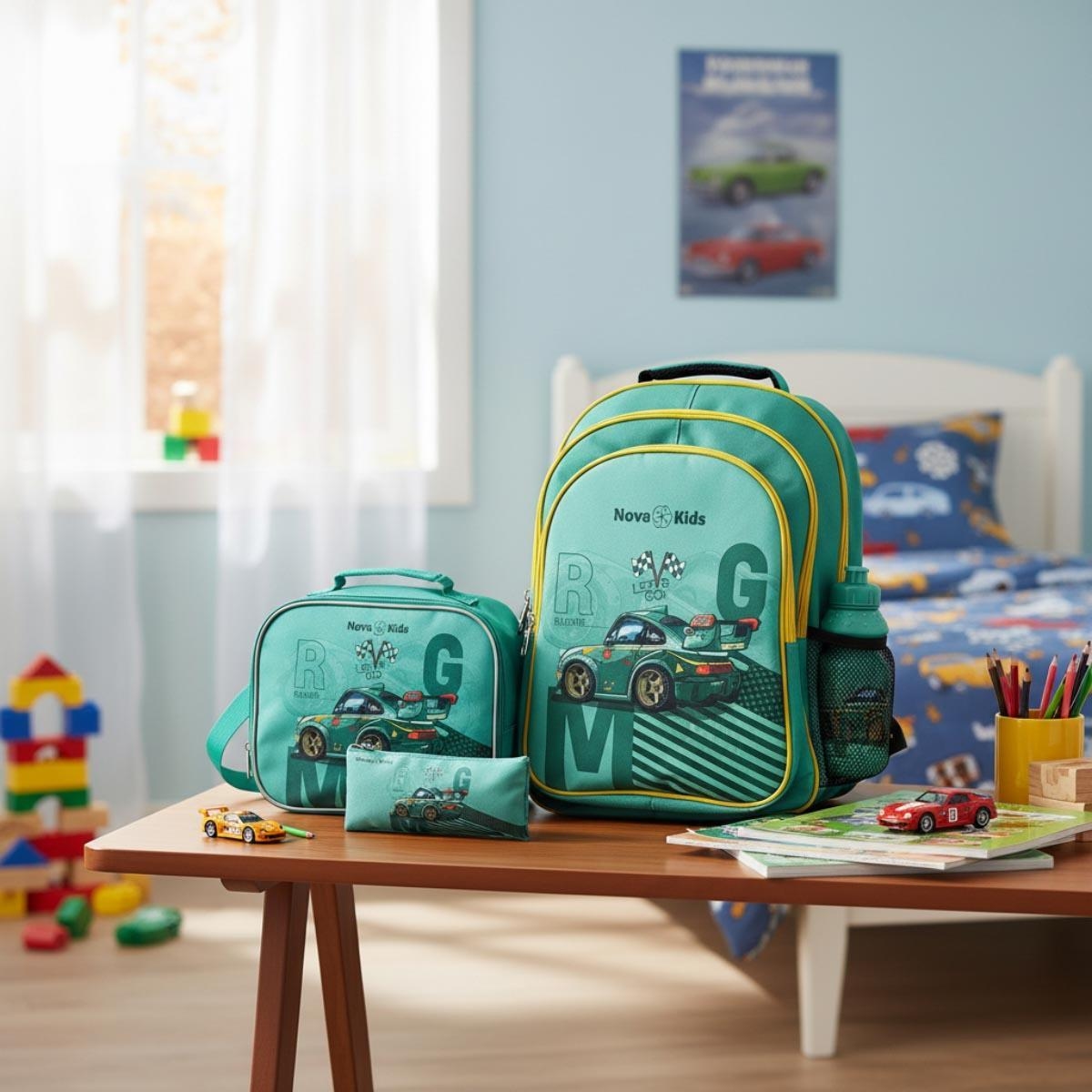 حقيبة مدرسية للأطفال من نوفا كيدز مقاس 16 بوصة بتصميم سيارة سباق خضراء، مزودة بحقيبة غداء، وحافظة أقلام، وعلبة طعام، وزجاجة ماء.