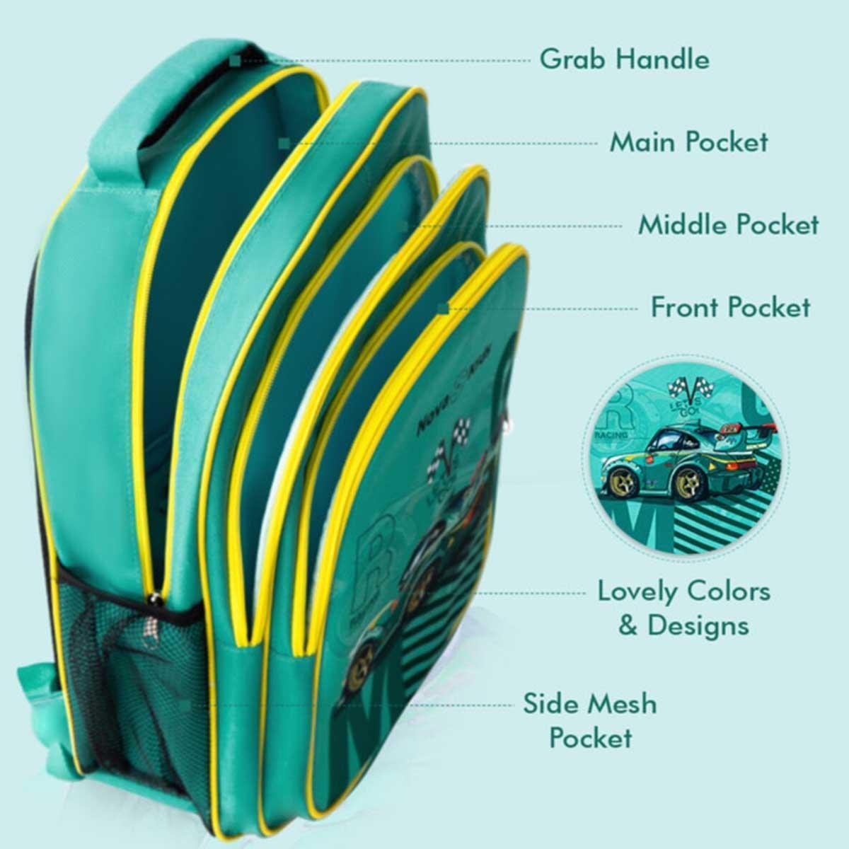 حقيبة مدرسية للأطفال من نوفا كيدز مقاس 16 بوصة بتصميم سيارة سباق خضراء، مزودة بحقيبة غداء، وحافظة أقلام، وعلبة طعام، وزجاجة ماء.