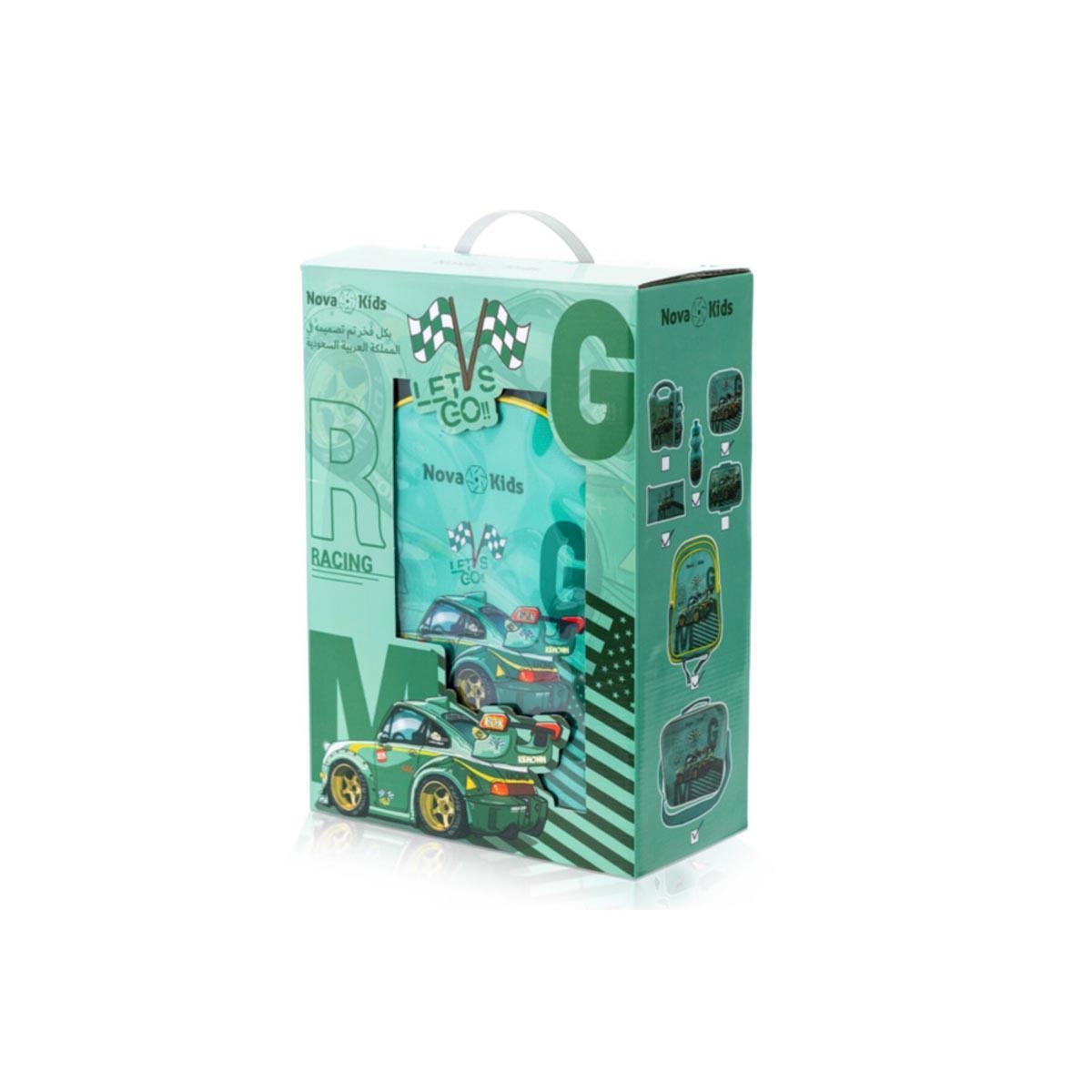 حقيبة مدرسية للأطفال من نوفا كيدز مقاس 16 بوصة بتصميم سيارة سباق خضراء، مزودة بحقيبة غداء، وحافظة أقلام، وعلبة طعام، وزجاجة ماء.