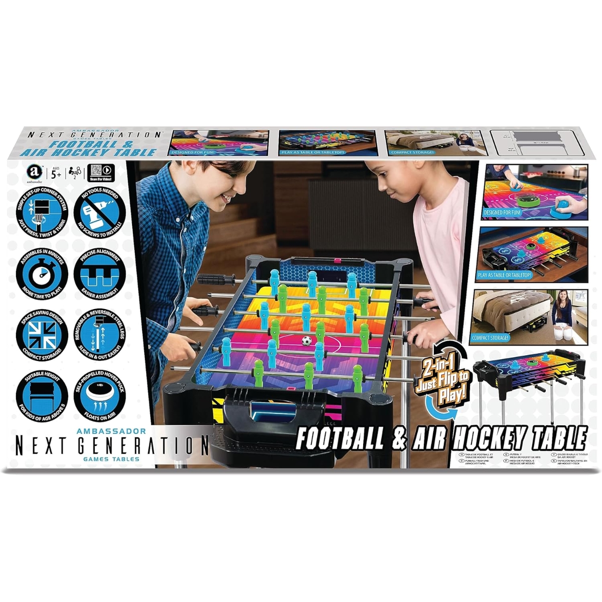 أمباسادور 27 إنش 2 في 1 نسخة نيون طاولة كرة قدم وهوكي هوائي قابلة للقلب للجنسين، 5-7 سنوات