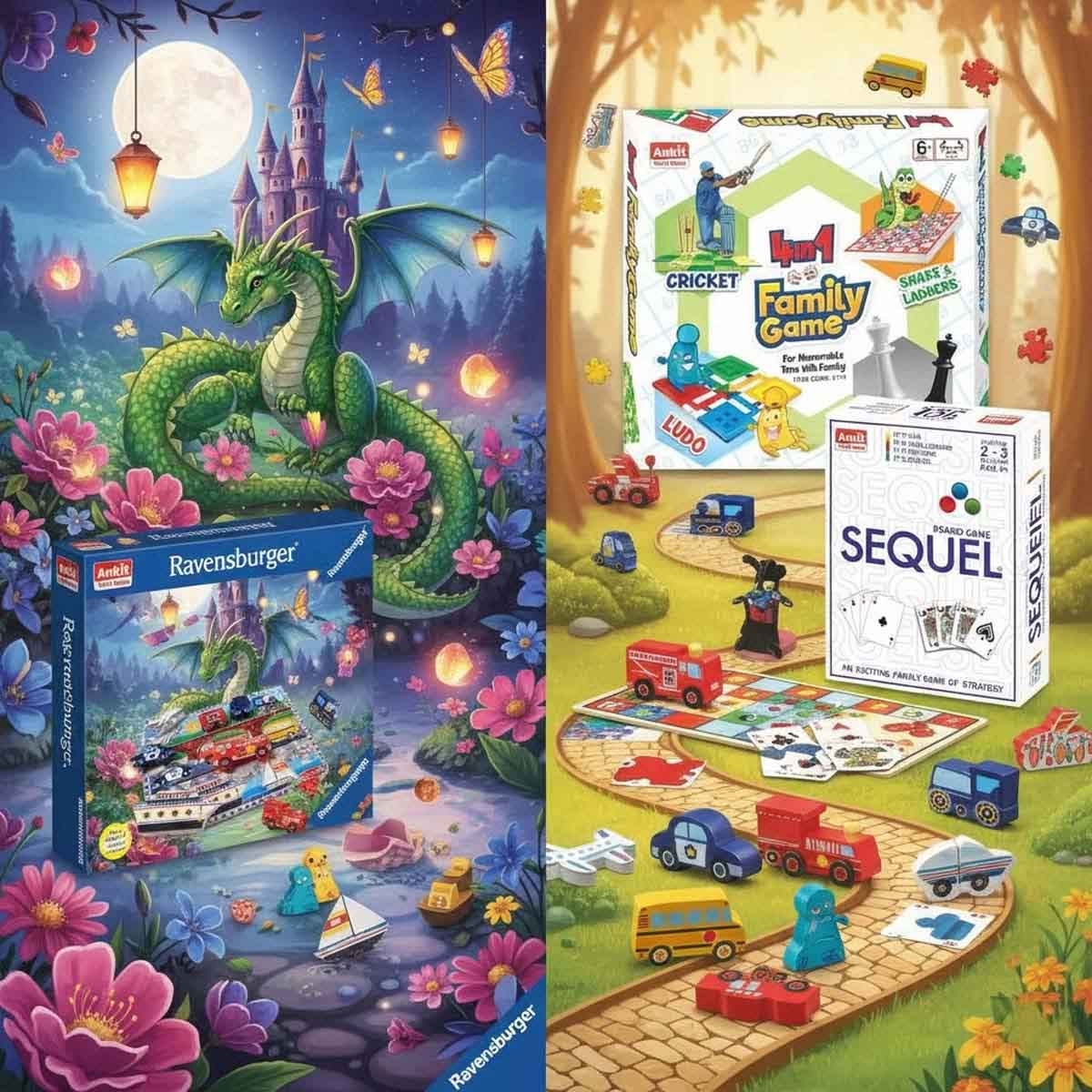 أنكيت تويز مجموعة لعبة العائلة وسيكويل اللوحية + لغز غابة التنين من رافنسبورجر مع لغز من ميليسا آند دوغ، للجنسين، 8-10 سنوات