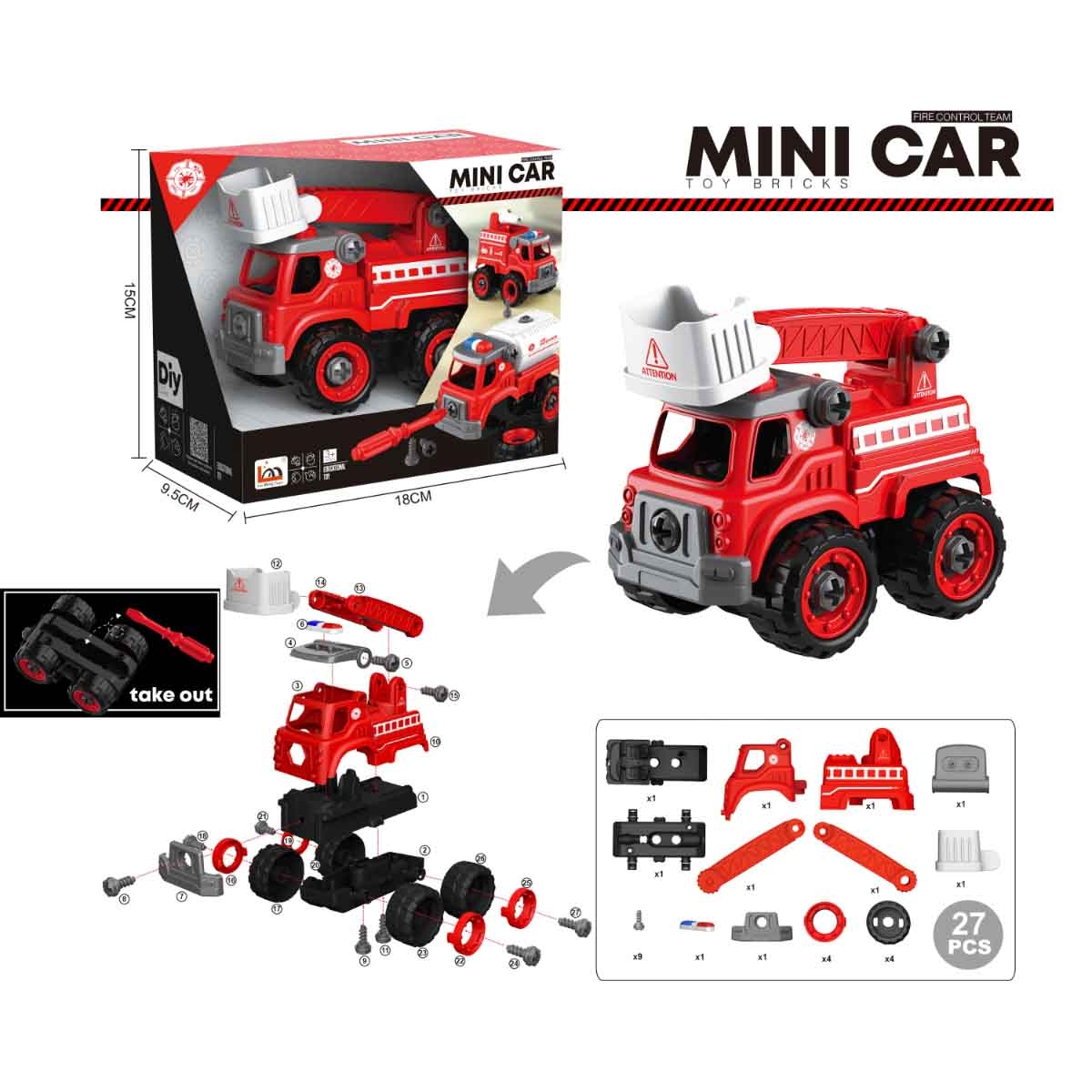 لي منغ تويز شاحنة إطفاء بسلم من مكعبات تركيب صغيرة للجنسين، من عمر 3-4 سنوات