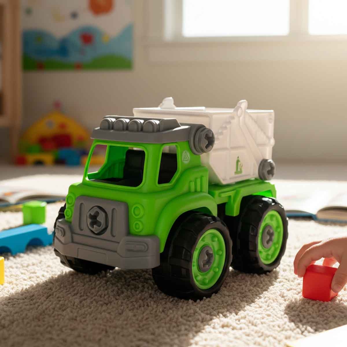 لي منغ تويز شاحنة نفايات من مكعبات تركيب صغيرة للجنسين، من عمر 3-4 سنوات