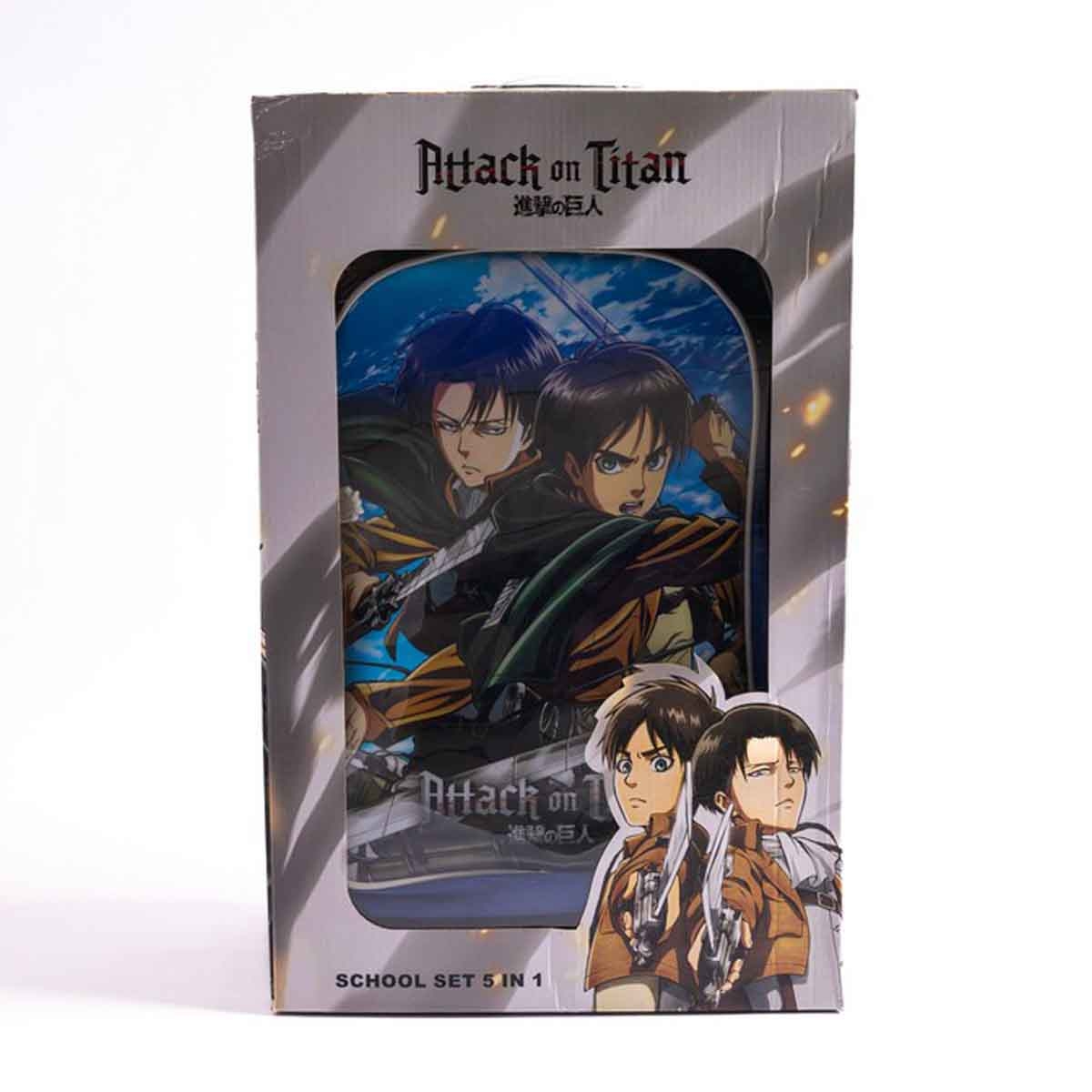 أتاك أون تايتن مجموعة حقيبة ترولي مقاس 18 انش مع حقيبة غداء ومقلمة وزجاجة مياه وصندوق طعام للأولاد من عمر 5-7 سنوات