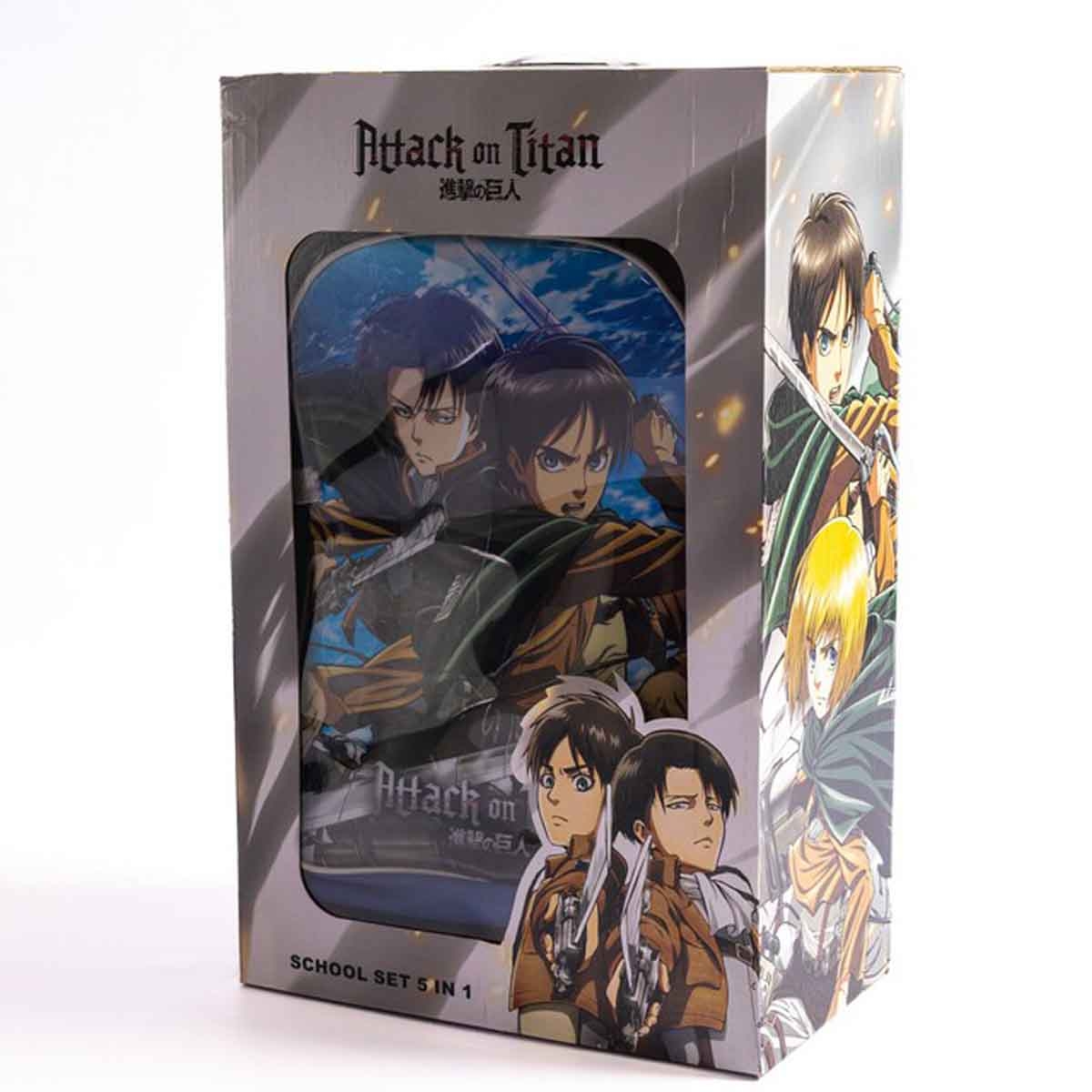 أتاك أون تايتن مجموعة حقيبة ترولي مقاس 18 انش مع حقيبة غداء ومقلمة وزجاجة مياه وصندوق طعام للأولاد من عمر 5-7 سنوات