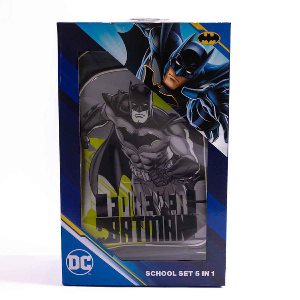 باتمان مجموعة حقيبة ترولي مدرسية 5 في 1 باللون الرمادي الداكن مقاس 18 انش مع حقيبة غداء ومقلمة وزجاجة مياه وصندوق طعام