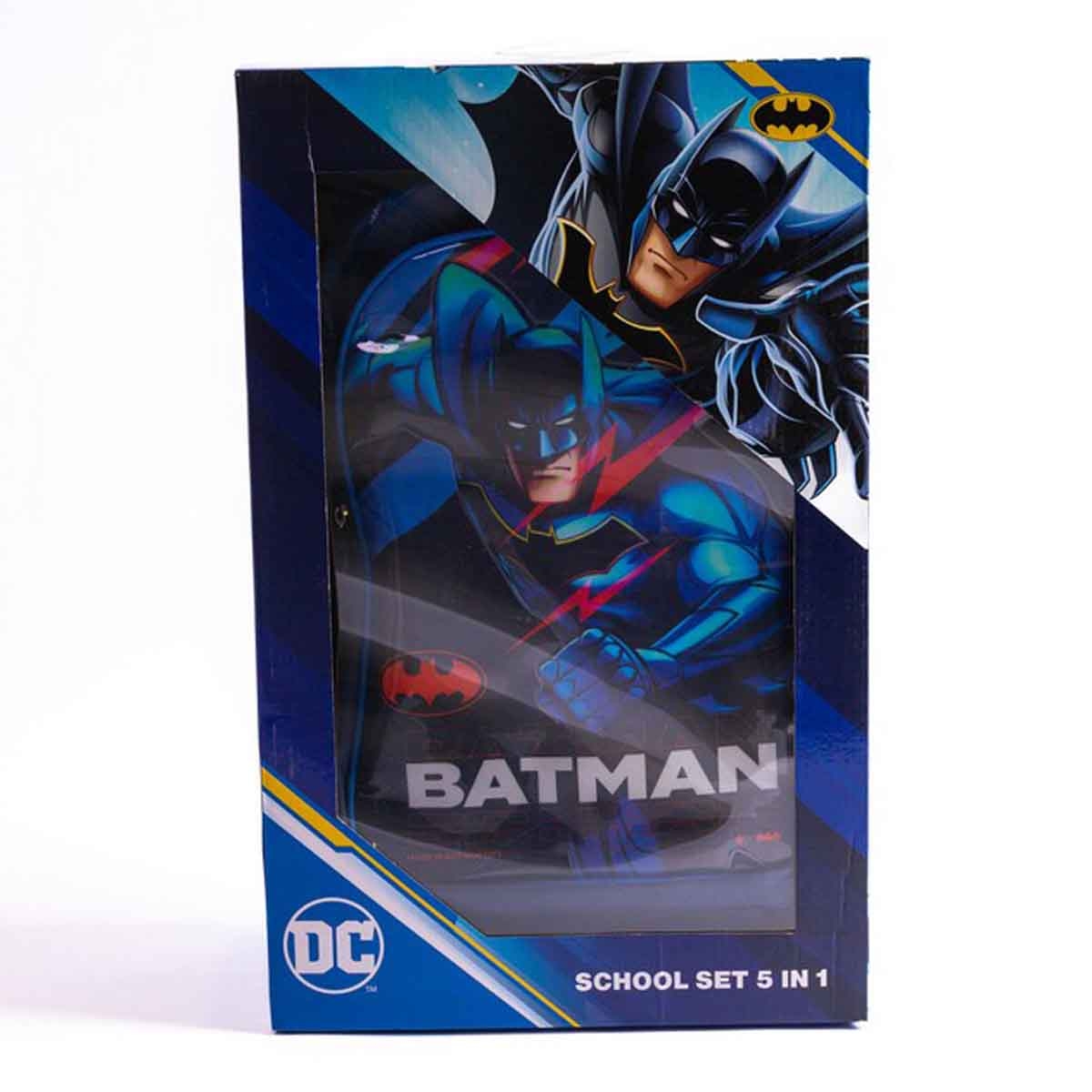 باتمان مجموعة حقيبة ترولي باللون الأزرق الداكن مقاس 18 انش مع حقيبة غداء ومقلمة وزجاجة مياه وصندوق طعام