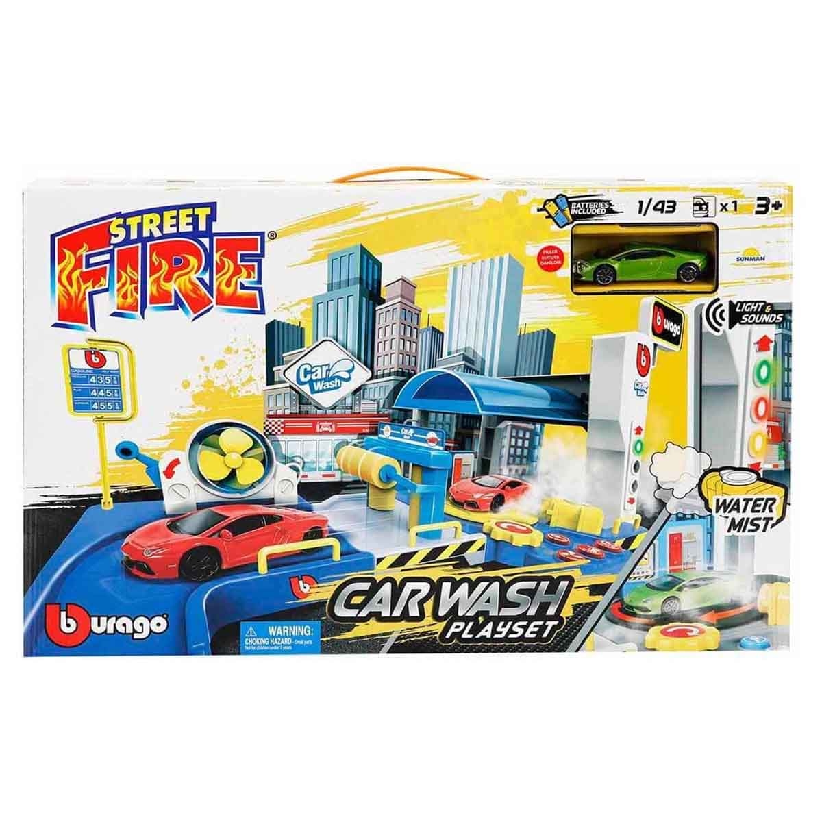 بوراغو مجموعة مغسلة سيارات ستريت فاير مع سيارة دايكاست متنوعة من ستريت فاير، للجنسين، 3-4 سنوات