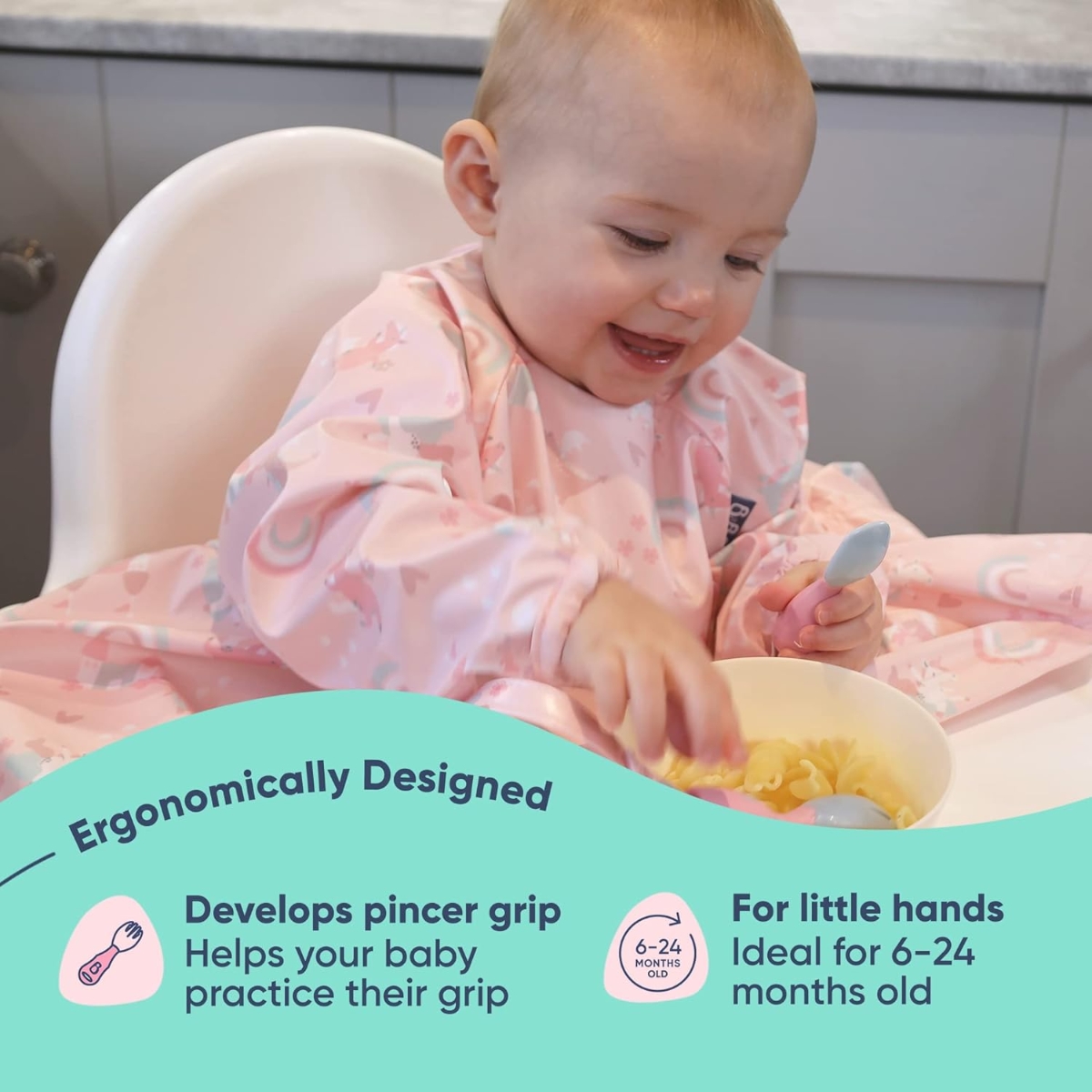 بيبادو مريلة شاملة مع مجموعة أدوات مائدة هاندي وردية للجنسين، 0-2 سنوات