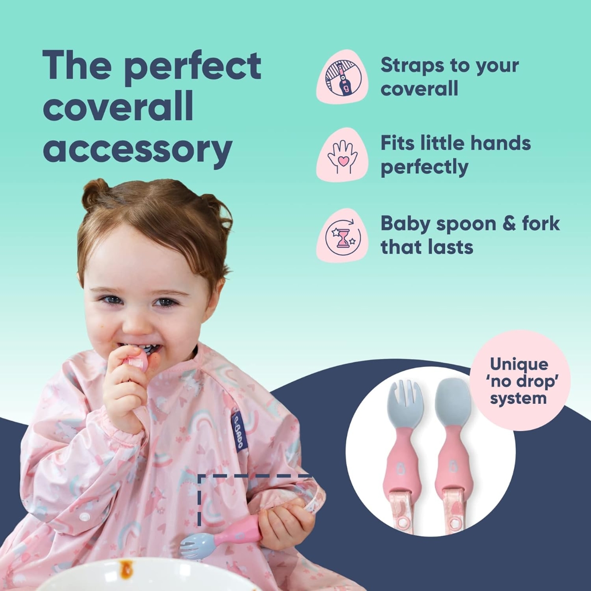 بيبادو مريلة شاملة مع مجموعة أدوات مائدة هاندي وردية للجنسين، 0-2 سنوات