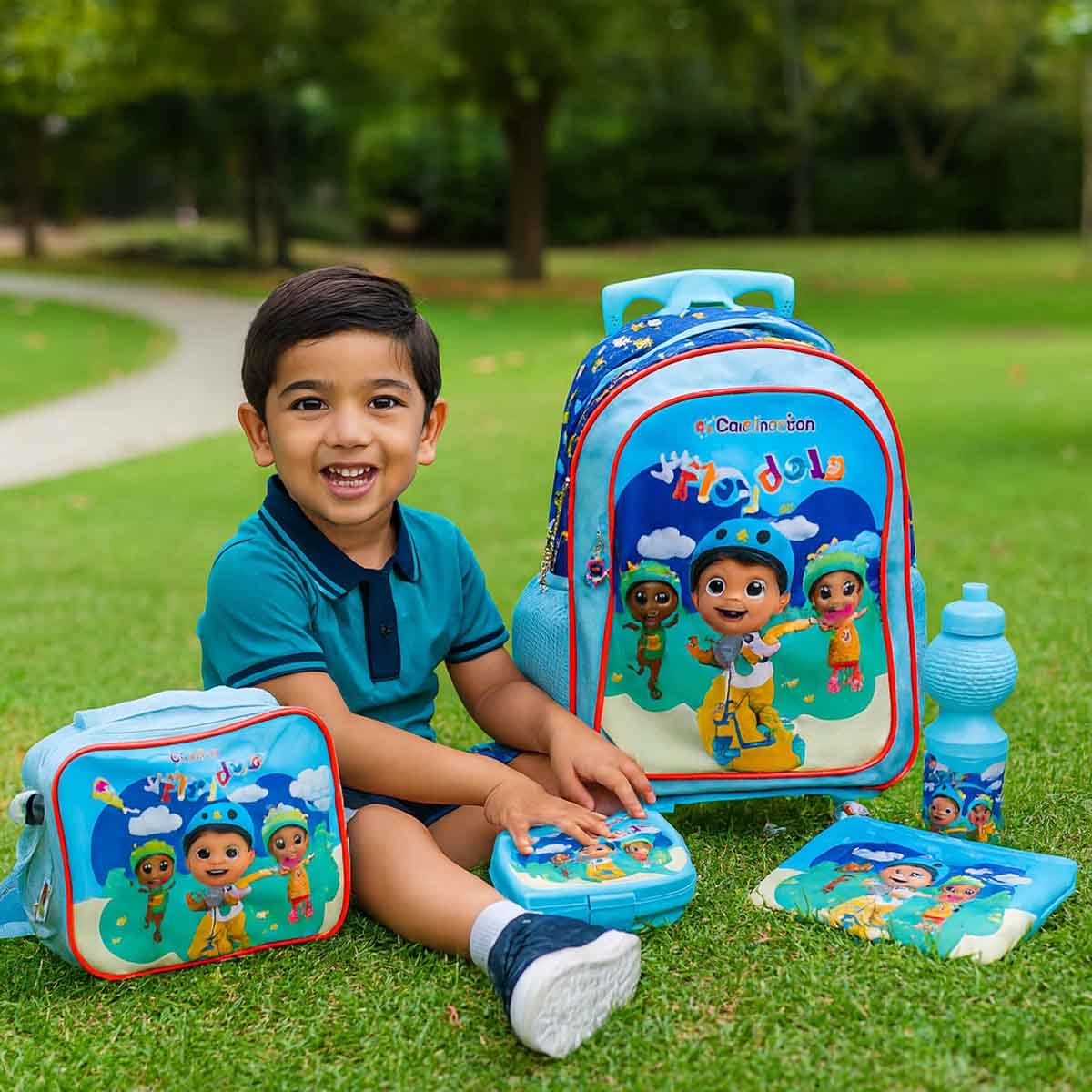 كوكوميلون مجموعة مدرسية 5 في 1 مع حقيبة ترولي مقاس 16 انش وحقيبة غداء ومقلمة وزجاجة مياه وصندوق طعام للجنسين من عمر 5-7 سنوات