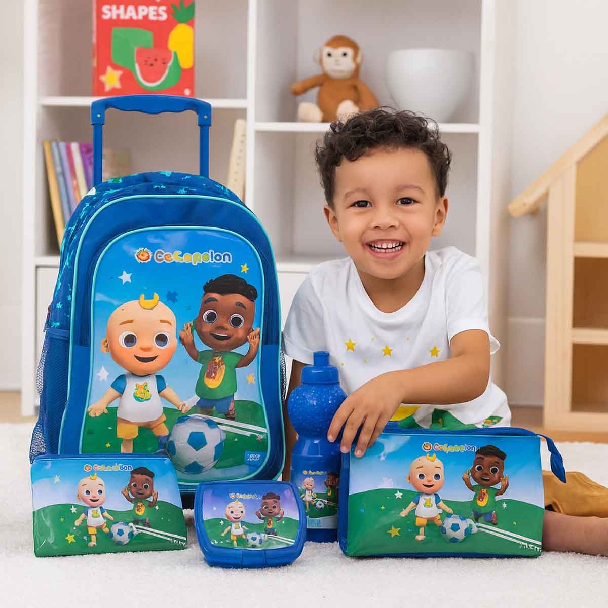 كوكوميلون مجموعة حقيبة ترولي مدرسية مقاس 16 انش 5 في 1 مع حقيبة غداء ومقلمة وزجاجة مياه وصندوق طعام للجنسين من عمر 5-7 سنوات