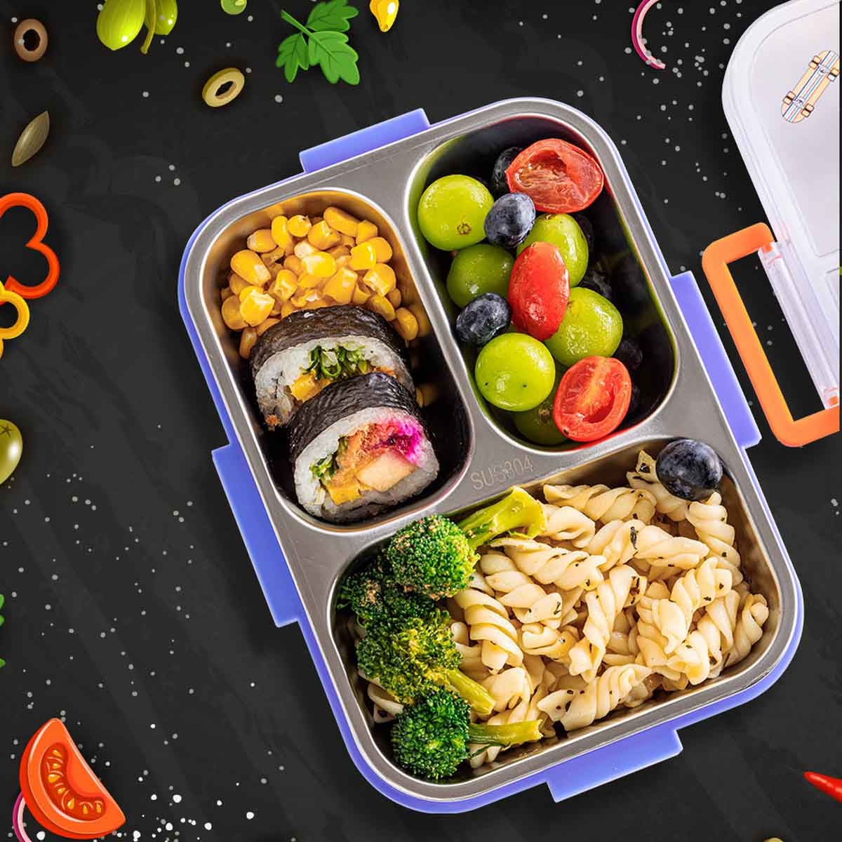 إيزي كيدز صندوق غداء بنتو من ستانلس ستيل بسعة 800 مل بثلاثة أقسام بتصميم سكايت بورد مع حقيبة غداء