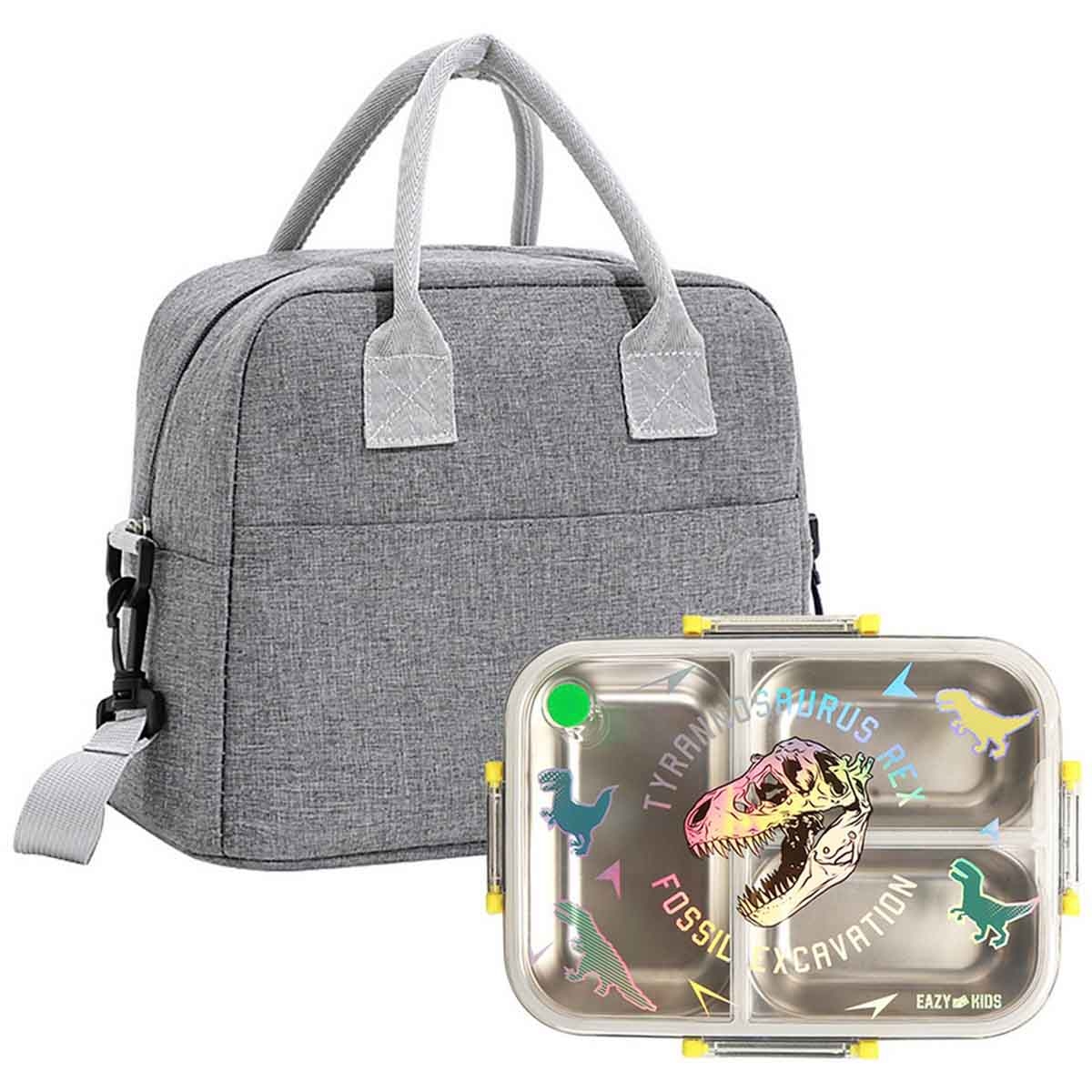 إيزي كيدز صندوق غداء بنتو من ستانلس ستيل بسعة 800 مل بثلاثة أقسام بتصميم تي ريكس مع حقيبة غداء
