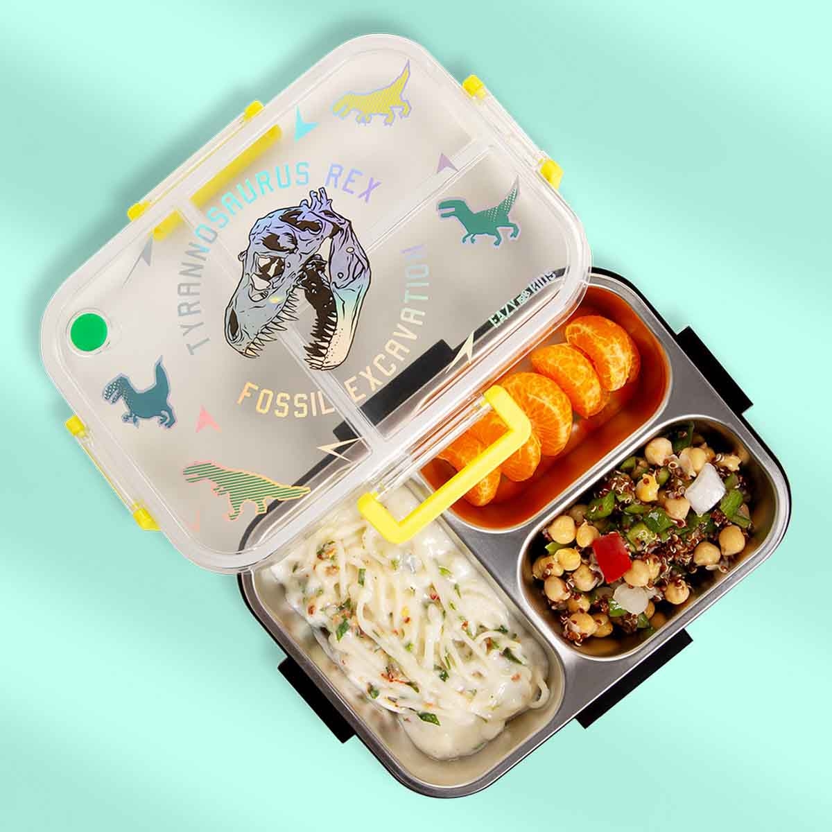 إيزي كيدز صندوق غداء بنتو من ستانلس ستيل بسعة 800 مل بثلاثة أقسام بتصميم تي ريكس مع حقيبة غداء
