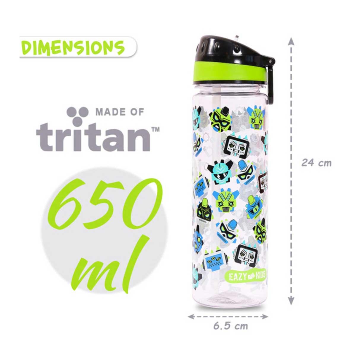 زجاجة مياه إيزي كيدز 650 مل سوداء من مادة تريتان، مناسبة لجيل زد، مزودة بمقبض حمل