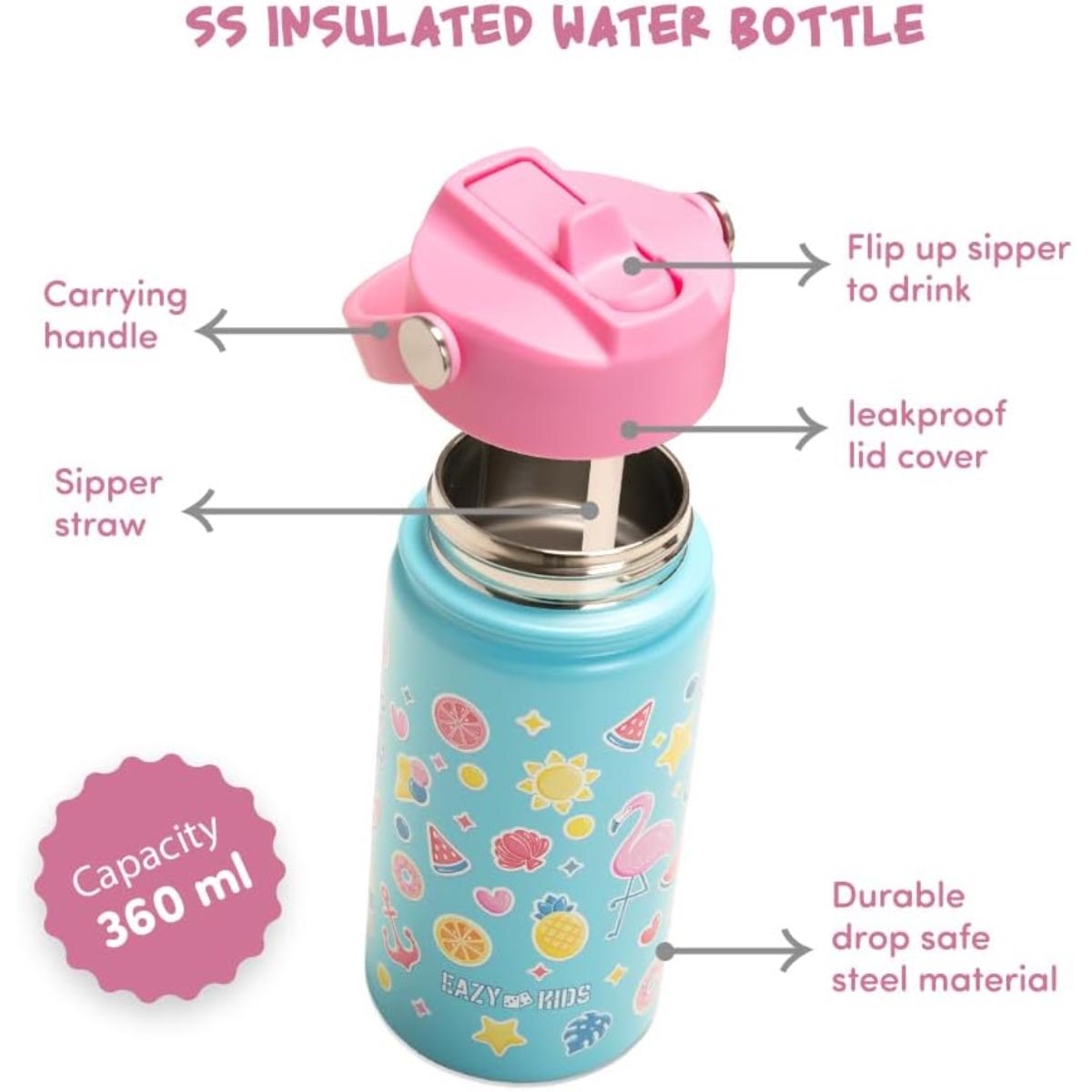 إيزي كيدز علبة غداء بنتو جامبو إيركرافت - مع قارورة ماء ستيل 360 مل وشنطة غداء معزولة ومجموعة ملعقة وشوكة