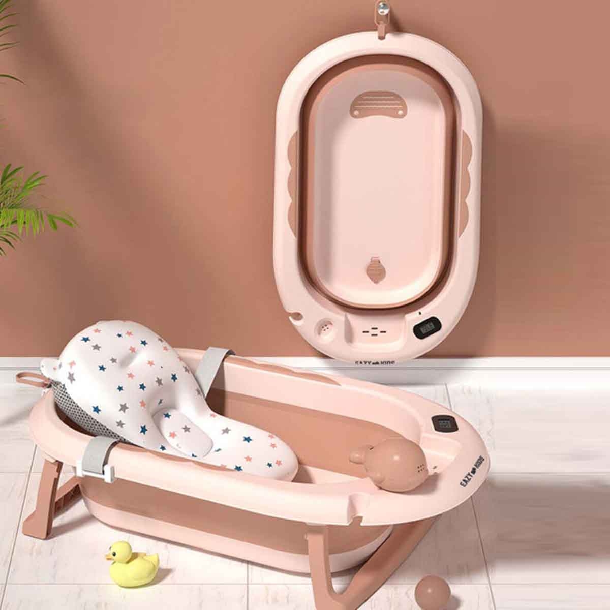 إيزي كيدز حوض استحمام قابل للطي باللون البرتقالي مع مقياس حرارة وكوب غسل رأس الرضيع