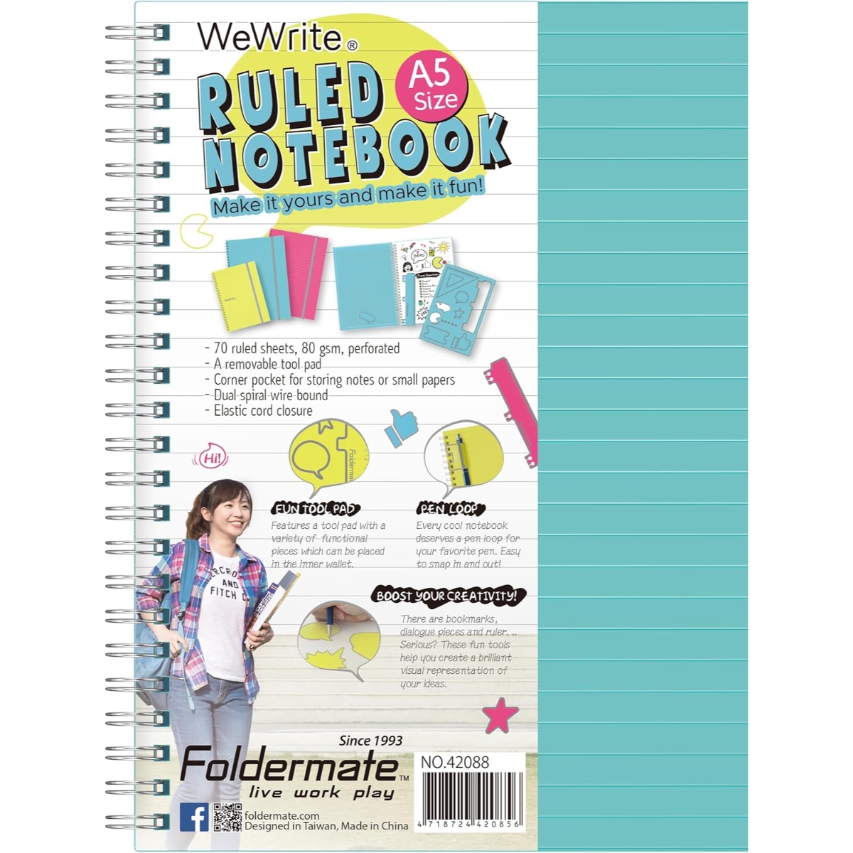 فوردورمايت دفتر بسلك حلزوني بحجم A5، 70 ورقة، وزن 80 غرام، تصميم وي رايت، لون باستيل، لمادة واحدة، ألوان متنوعة، مجموعة من 12