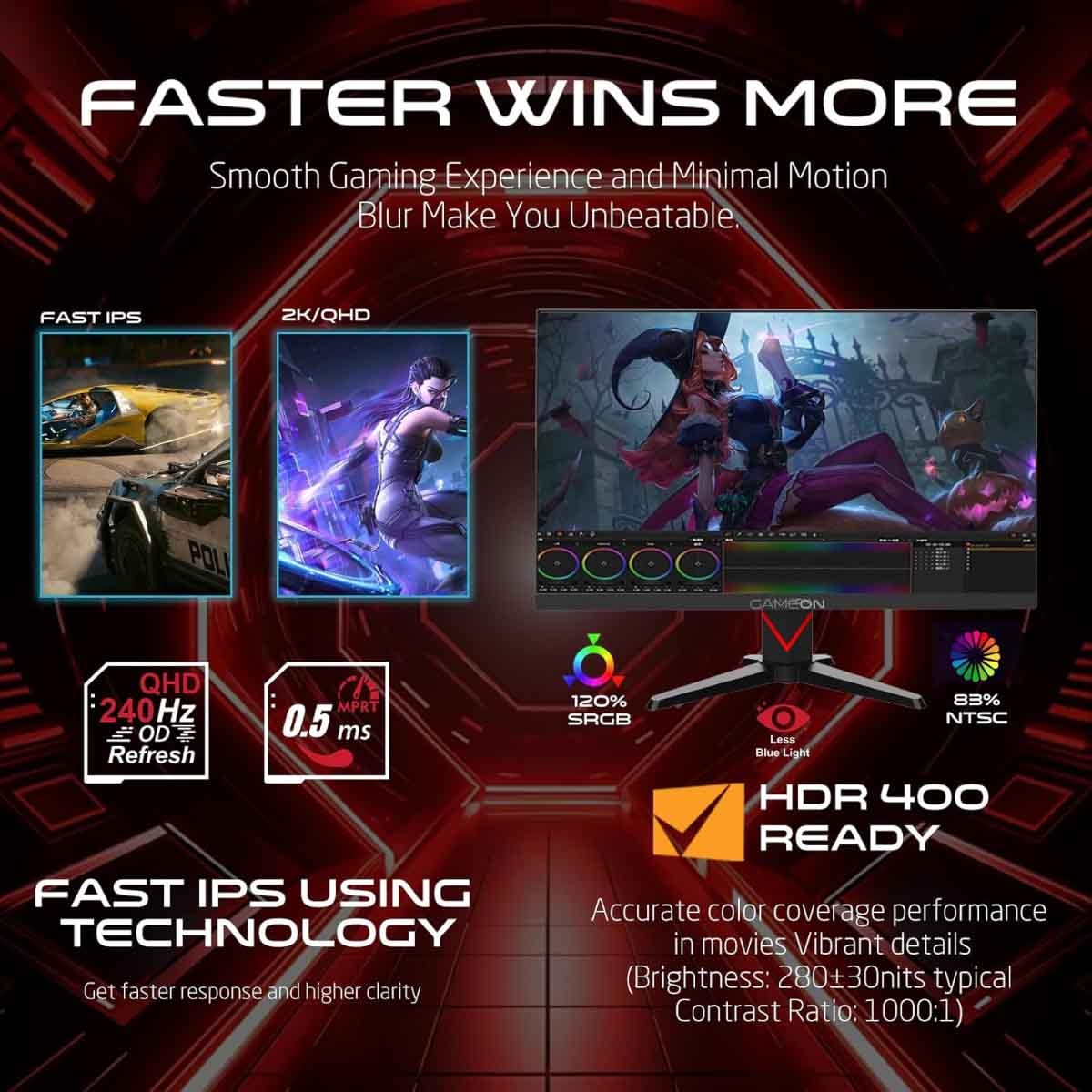 جيم أون شاشة ألعاب QHD بحجم 27" 240Hz Fast IPS سلسلة Dominator سوداء موديل GOMD27QHD240IPS