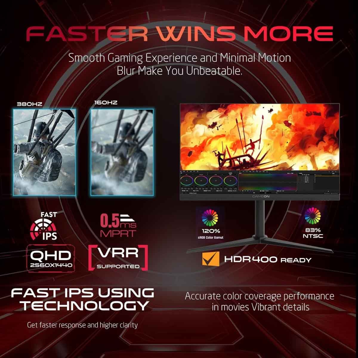 جيم أون شاشة ألعاب QHD بحجم 27" 380Hz Fast IPS سلسلة Midnight Pro سوداء موديل GOMP27QHD380IPS